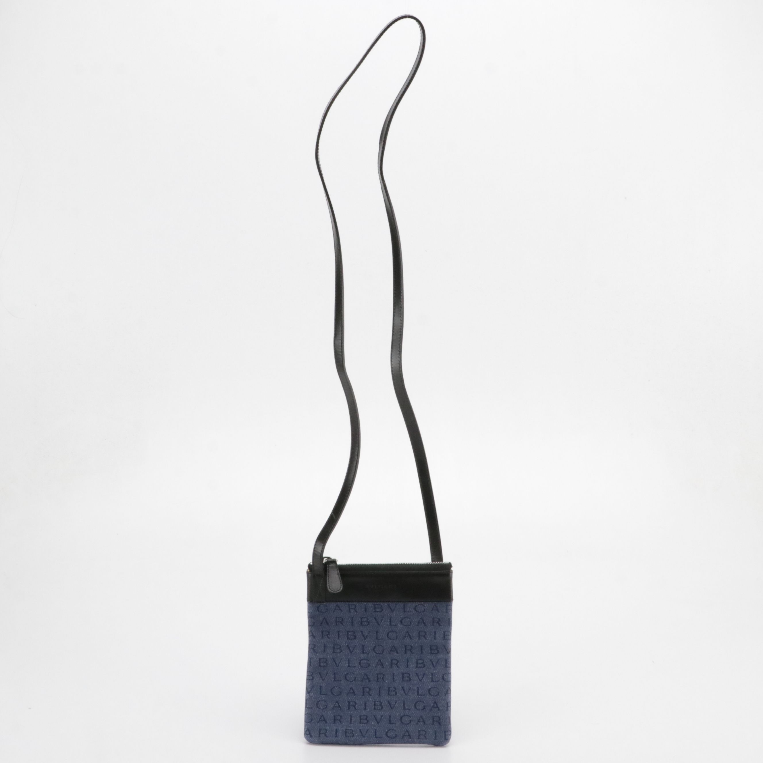 BVLGARI Crossbody Zip Pouch in Logomania Denim and Black Calfskin Leather
