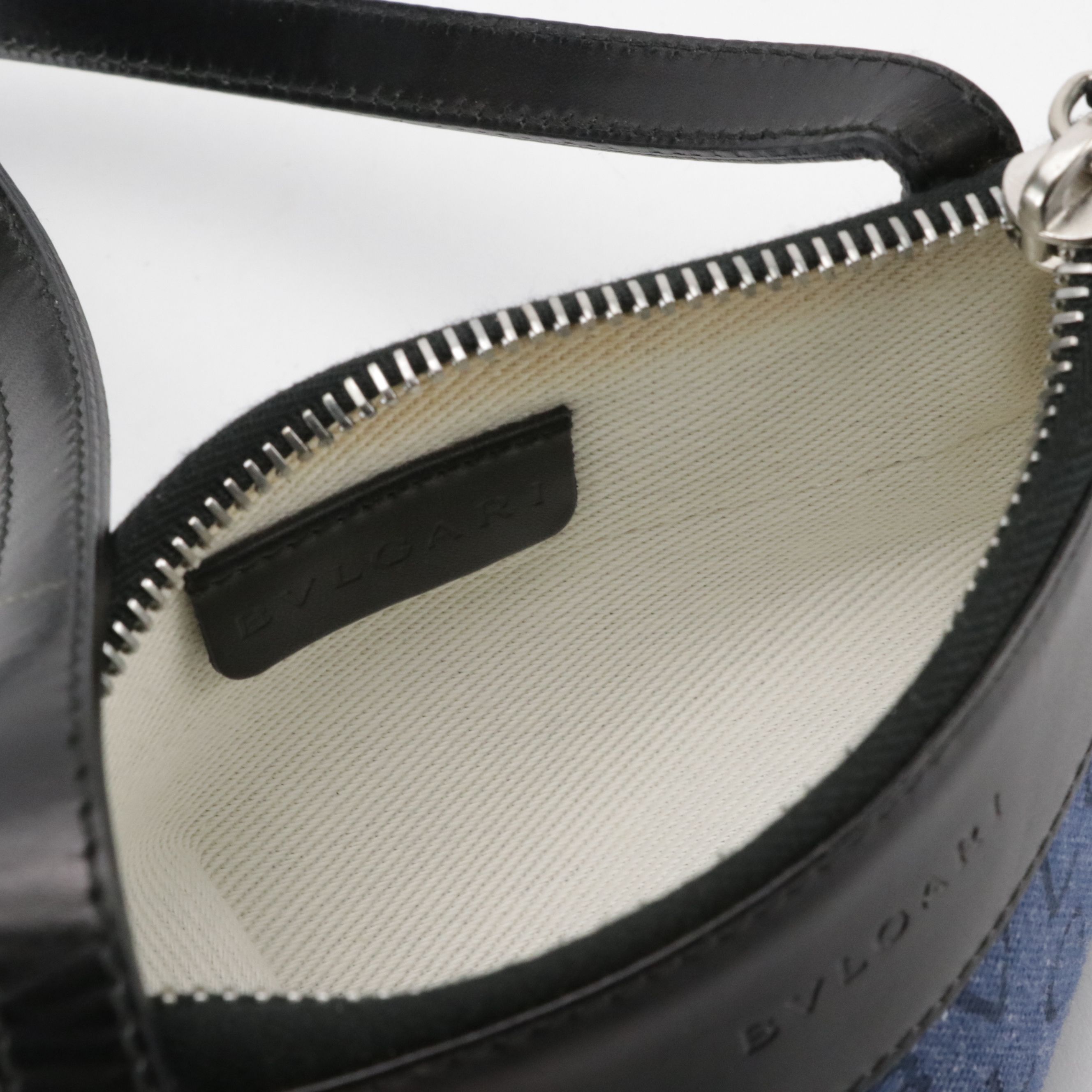 BVLGARI Crossbody Zip Pouch in Logomania Denim and Black Calfskin Leather