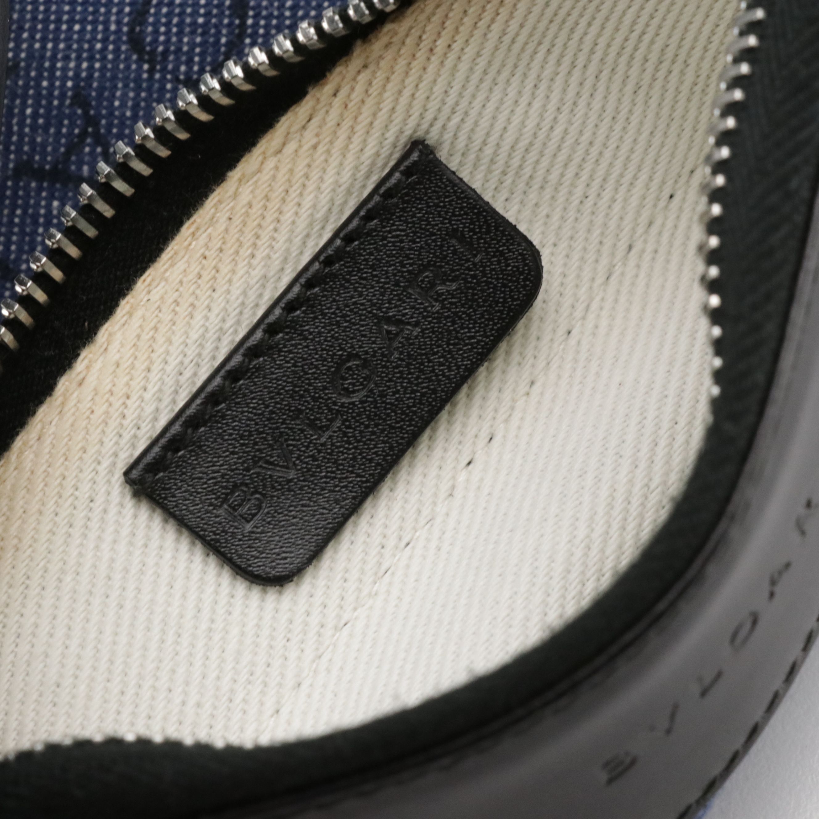 BVLGARI Crossbody Zip Pouch in Logomania Denim and Black Calfskin Leather