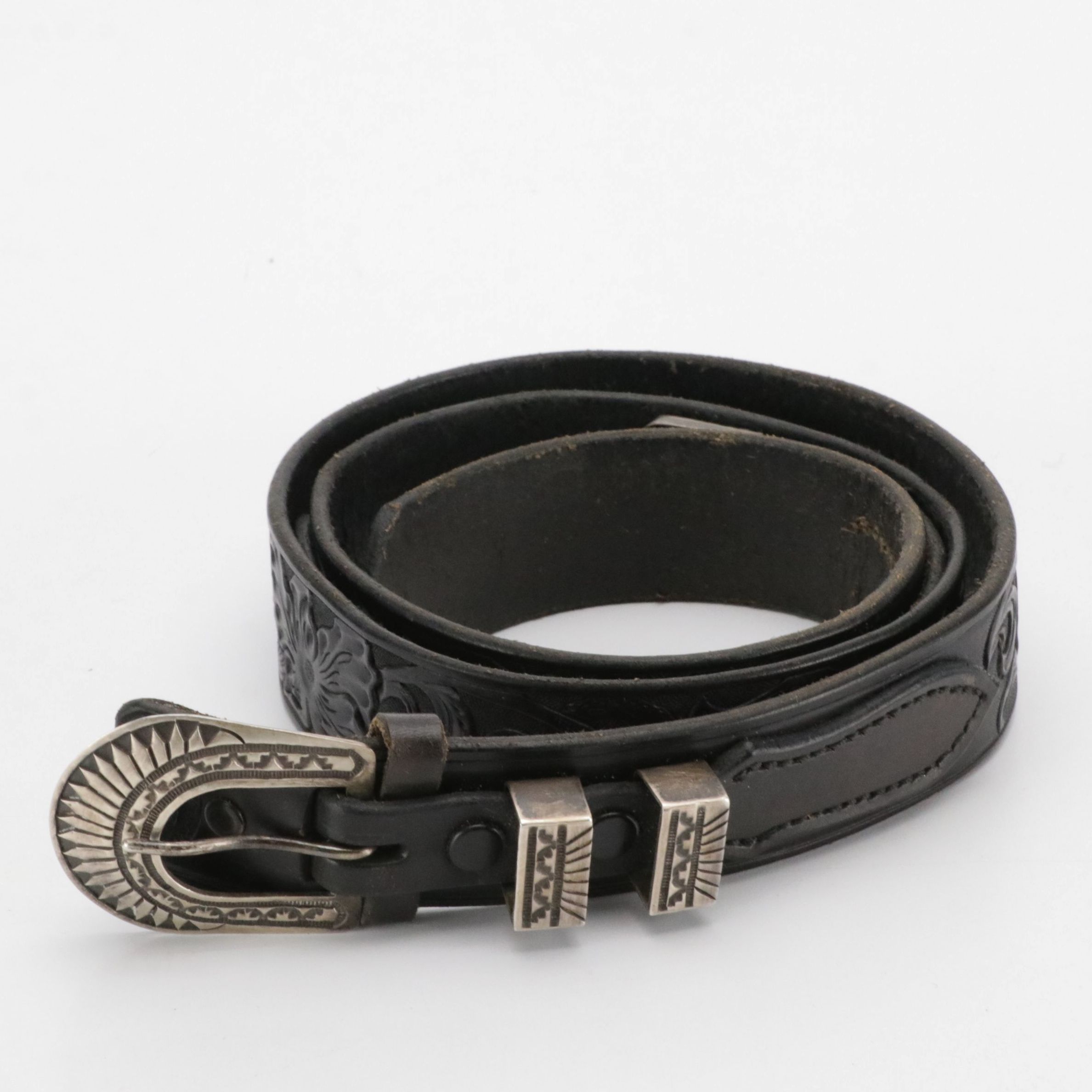 Michael Tahe Navajo Diné Sterling Buckle Set on Tooled Leather Strap