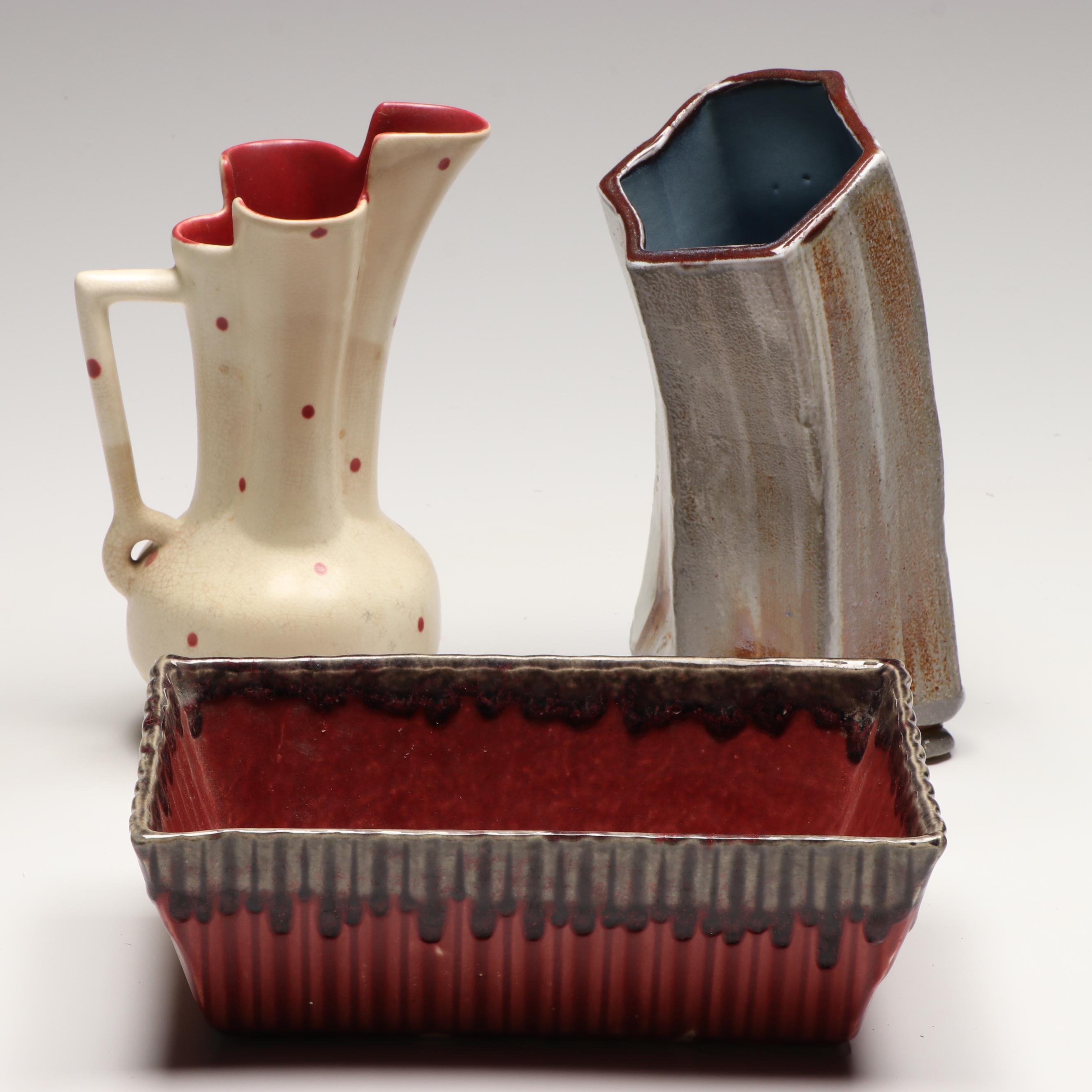 Cookson Ceramic Loaf Pan, Breswick Pitcher, and Other Art Pottery Vase
