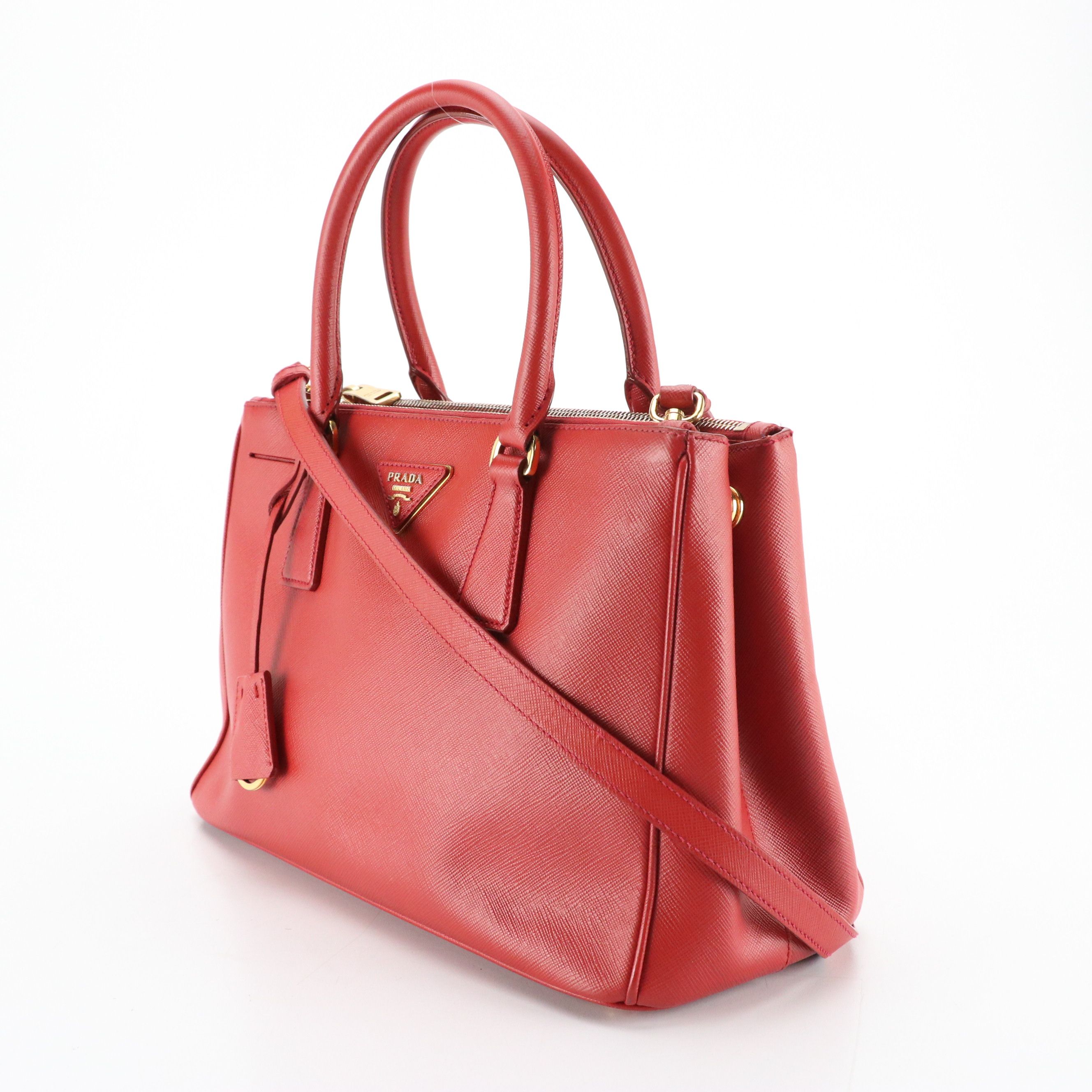 Prada Double Zip Galleria Two-Way Tote Bag in Red Saffiano Lux Leather