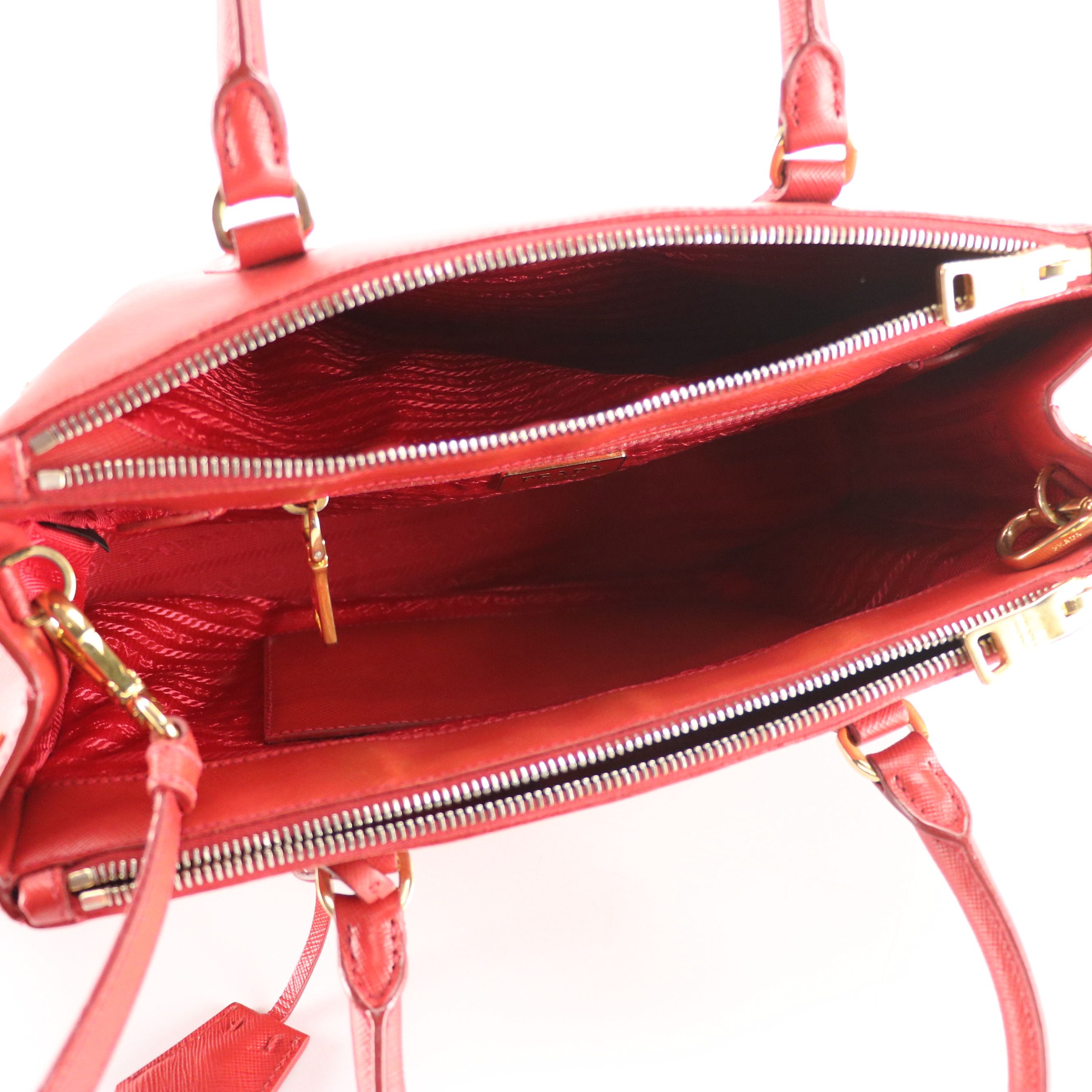 Prada Double Zip Galleria Two-Way Tote Bag in Red Saffiano Lux Leather