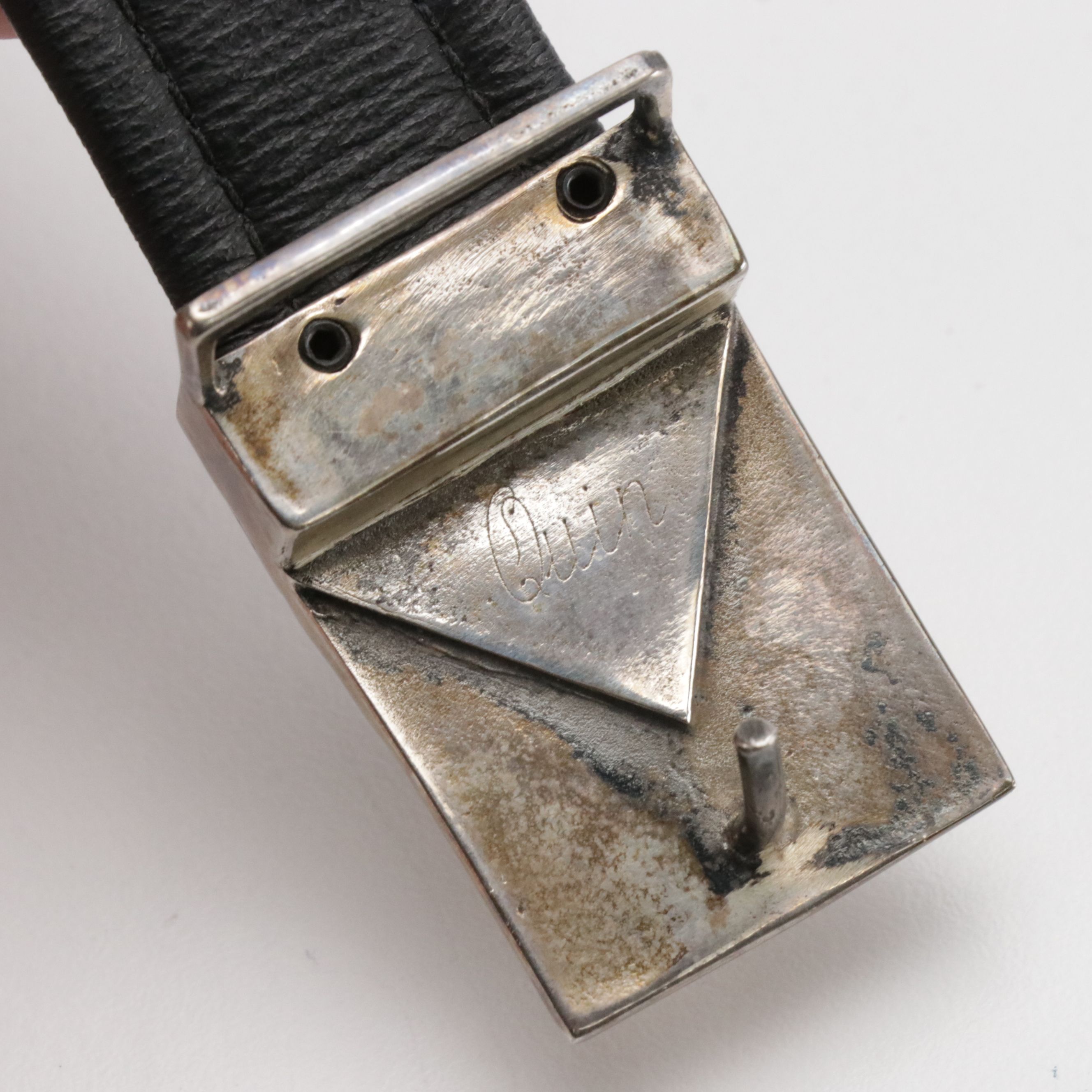 Signed Southwestern Sterling Silver Buckle on Leather Strap
