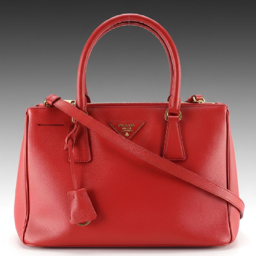Prada Double Zip Galleria Two-Way Tote Bag in Red Saffiano Lux Leather