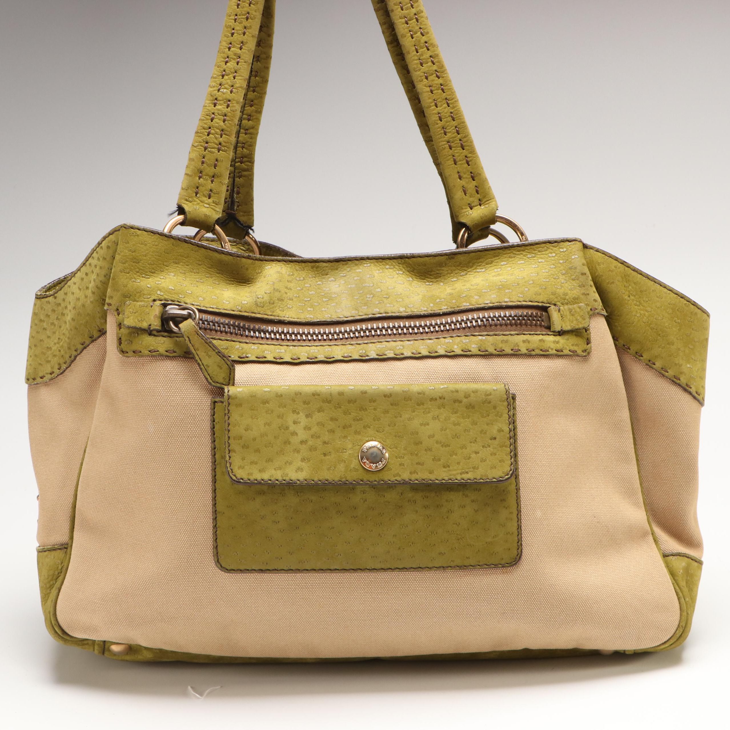 Prada Two Tone Canvas and Leather Handbag