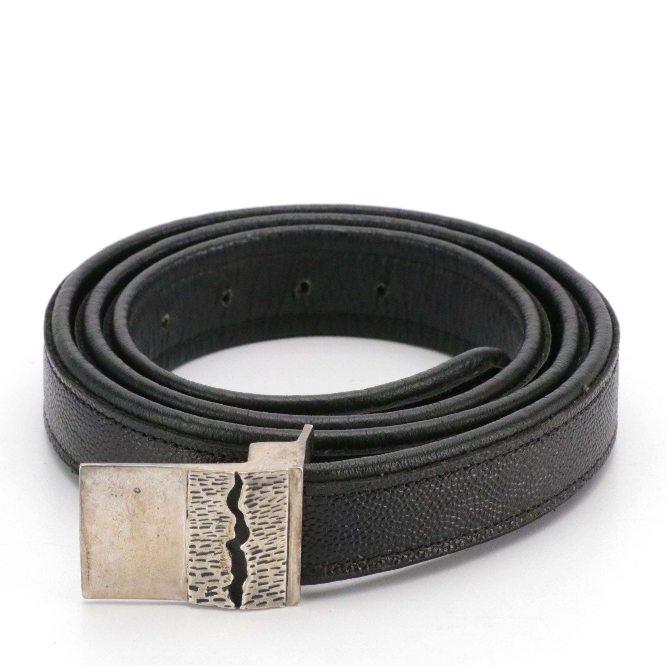 Signed Southwestern Sterling Silver Buckle on Leather Strap