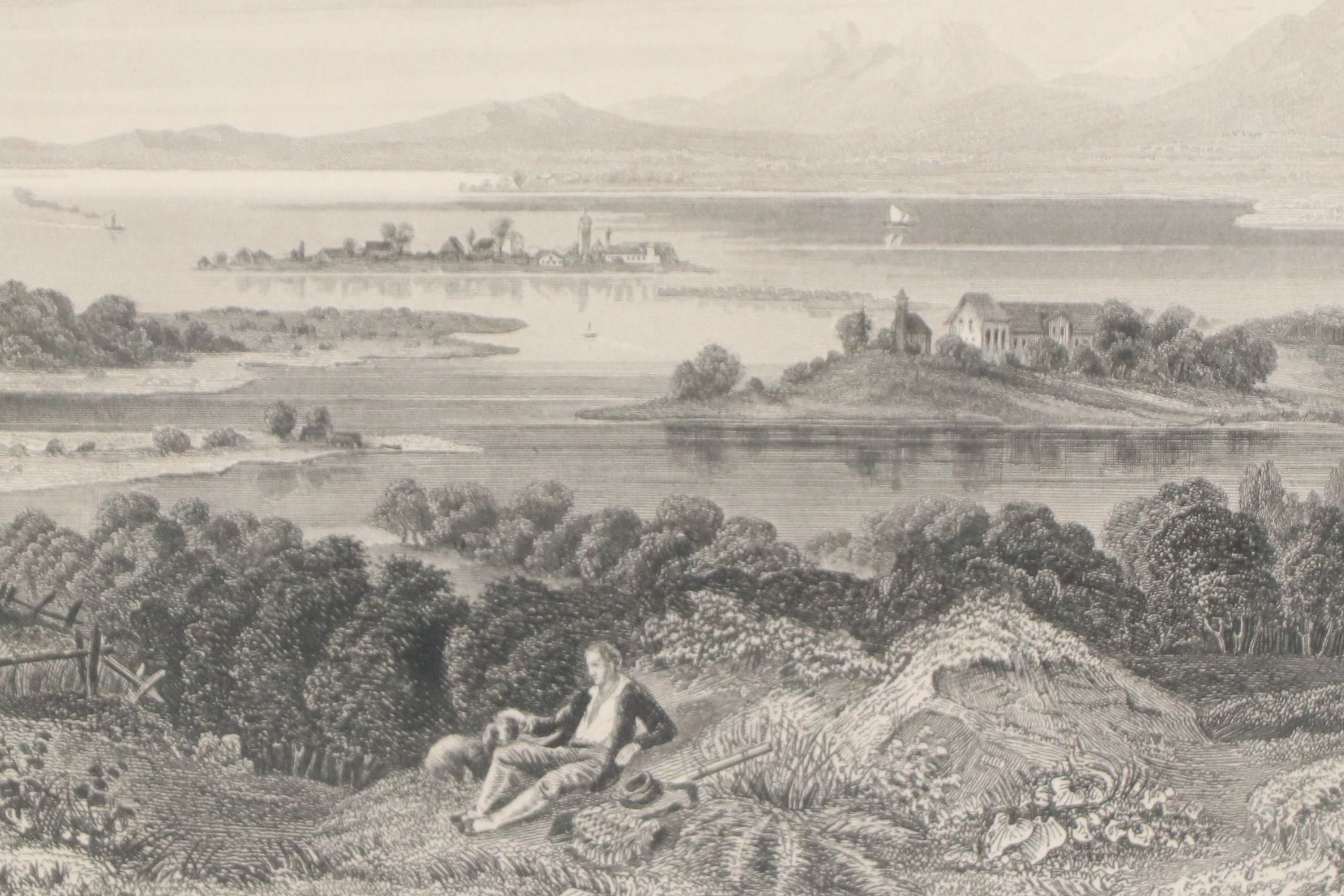 Lithograph of Lake Chiemsee, Germany, Late 19th Century
