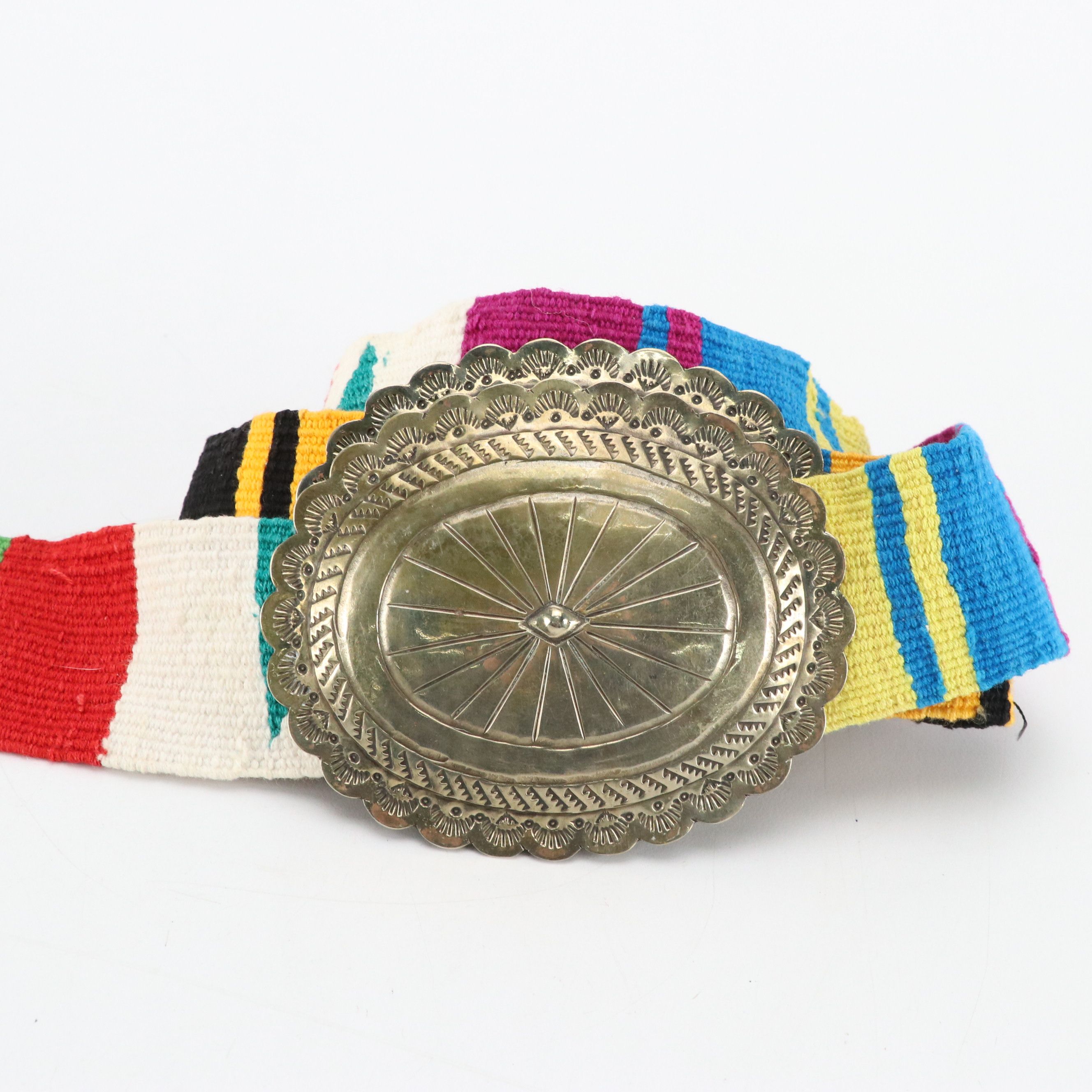 Southwestern Style Woven Sash Belt with Silver Tone Conchos