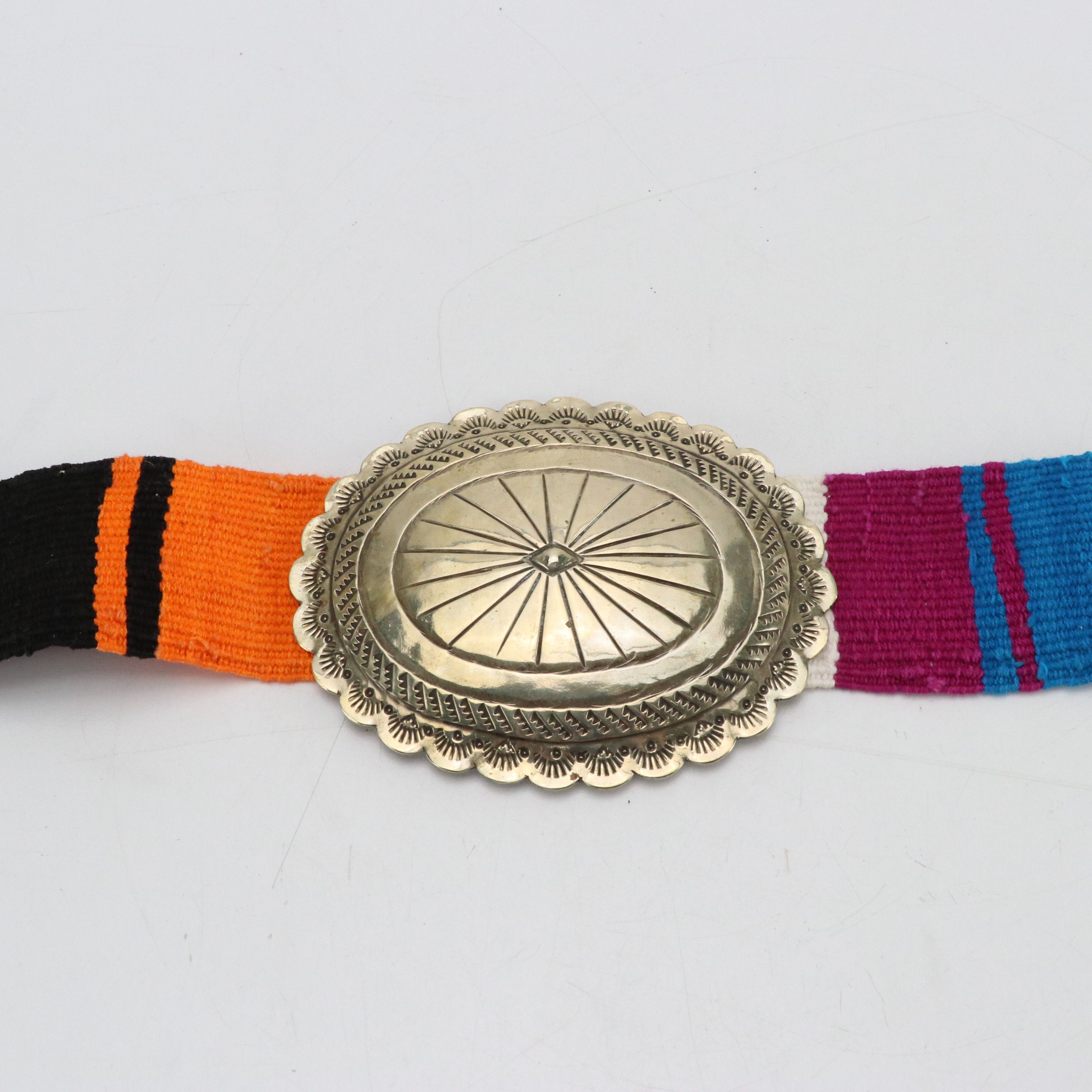 Southwestern Style Woven Sash Belt with Silver Tone Conchos