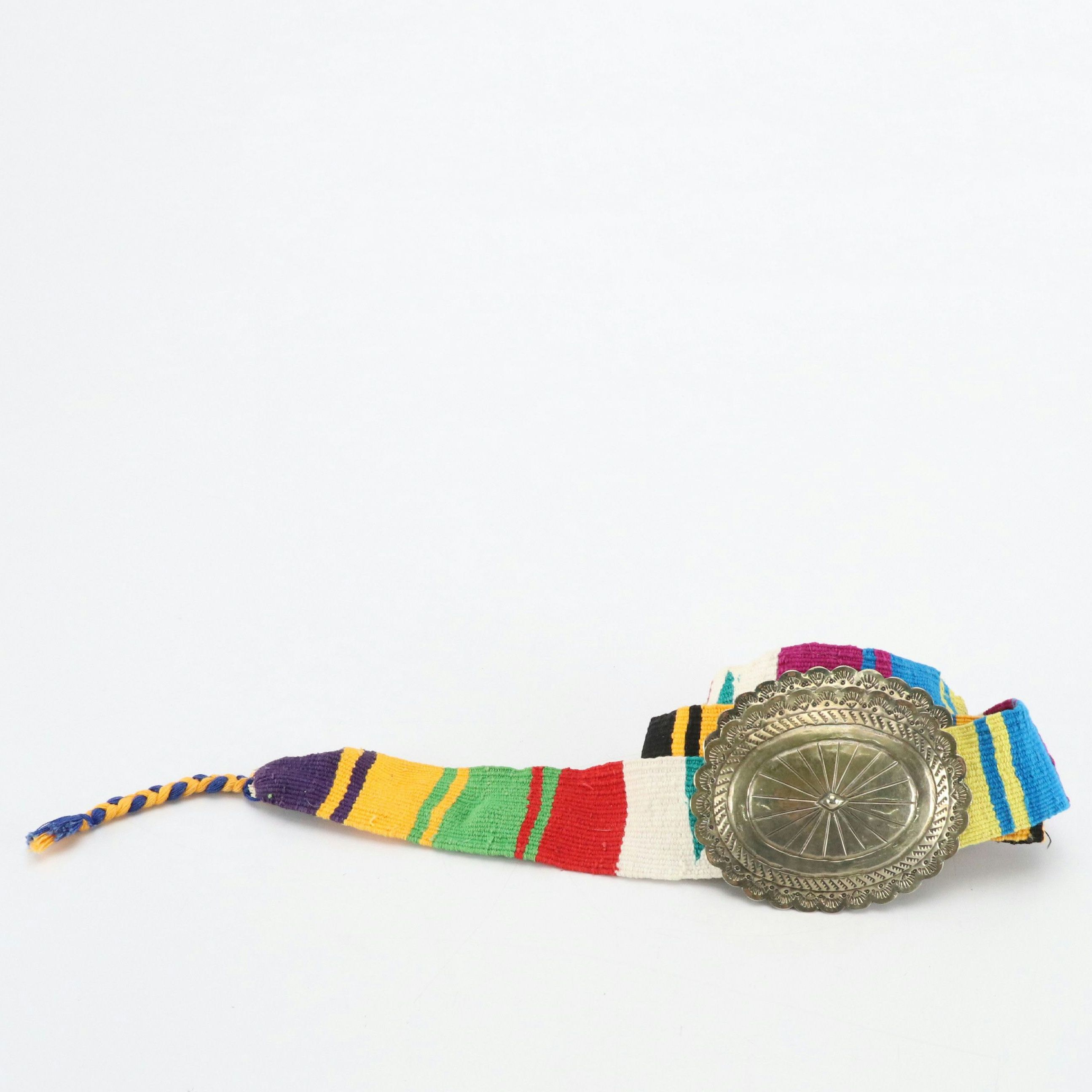 Southwestern Style Woven Sash Belt with Silver Tone Conchos