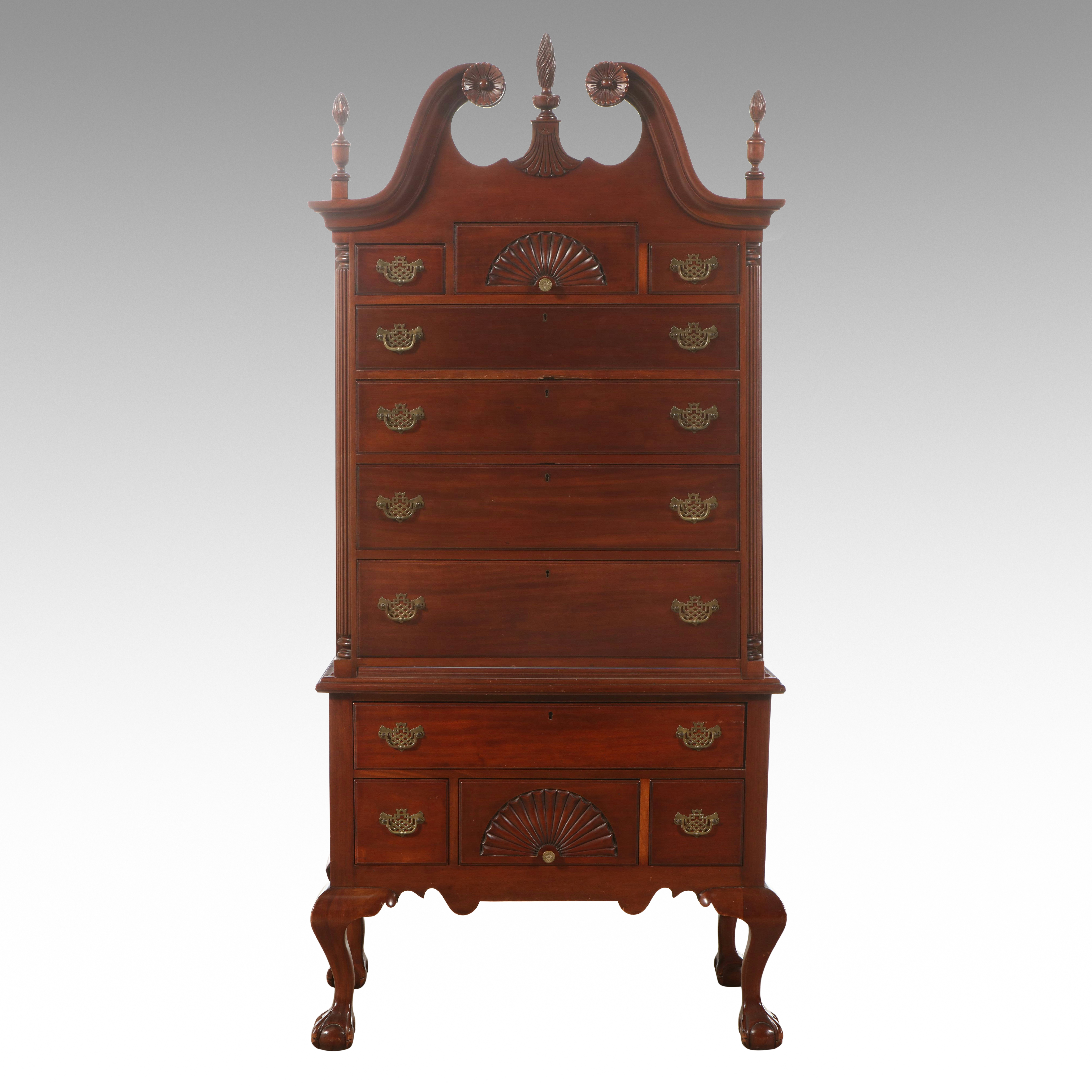 Queen Anne Style Carved Mahogany Broken Bonnet and Finial Highboy