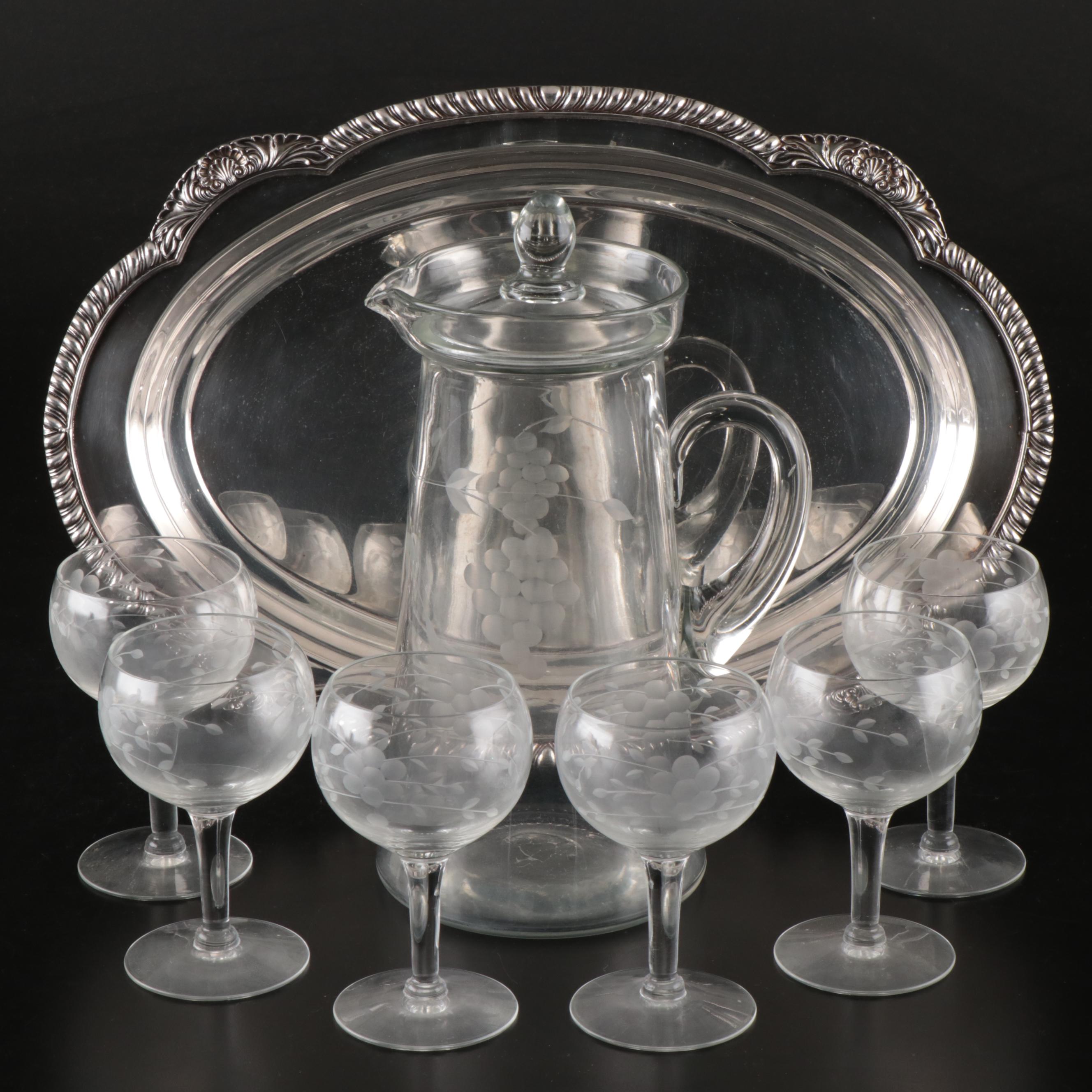 English Silver MFG Co. Silver Plate Tray with Wine Glasses and Pitcher