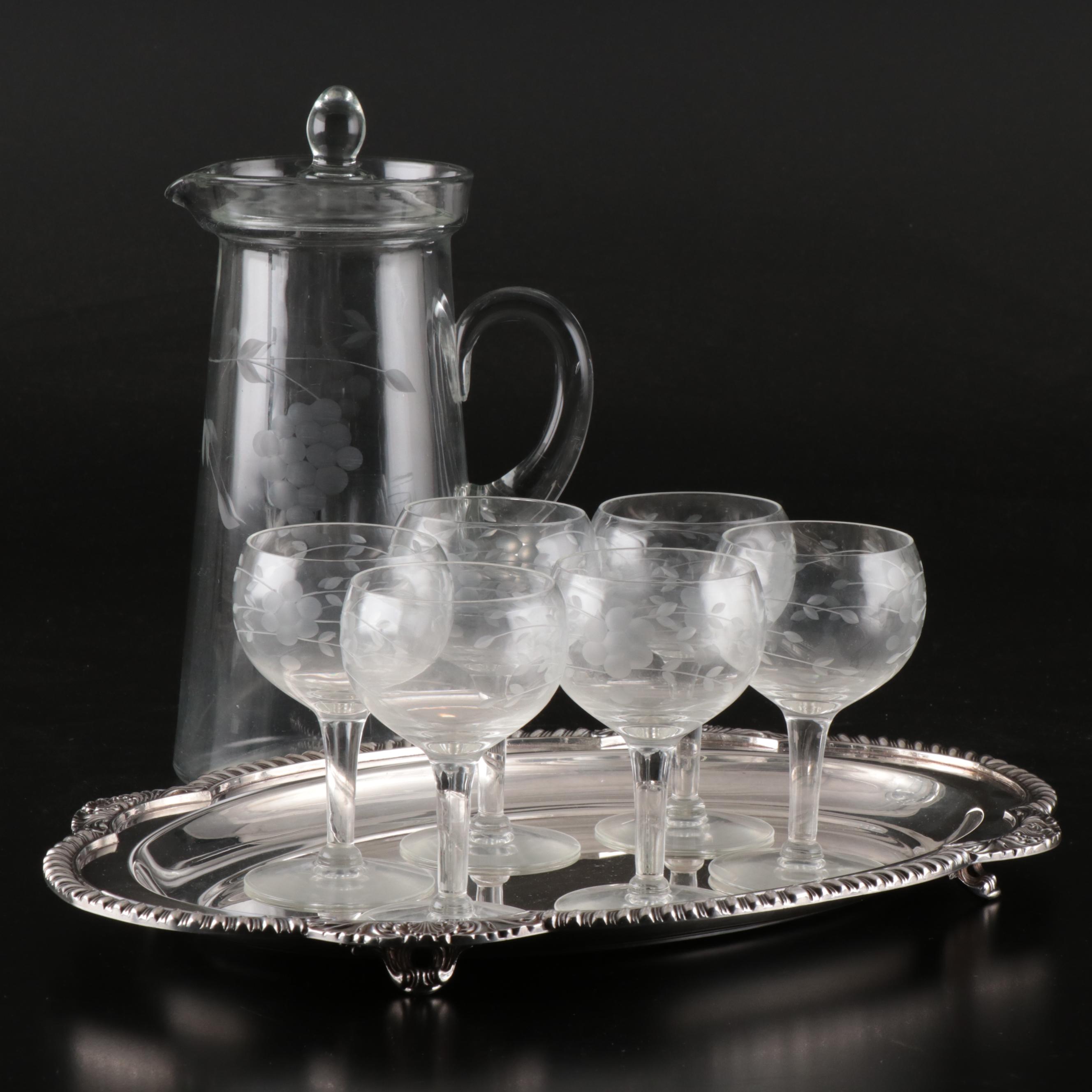 English Silver MFG Co. Silver Plate Tray with Wine Glasses and Pitcher
