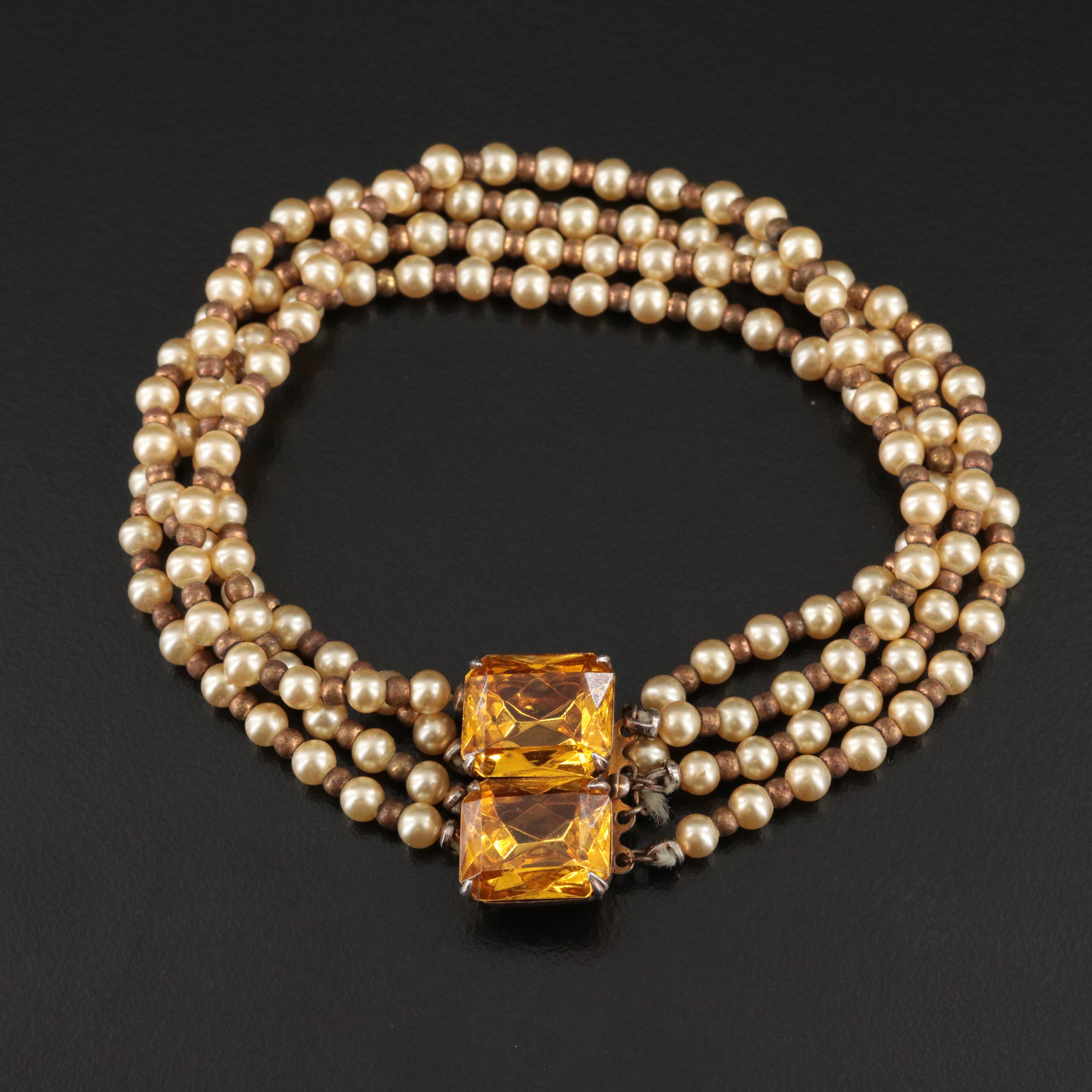 Vintage Multi-Strand Faux Pearl and Bracelet with Sterling Clasp, 1940s