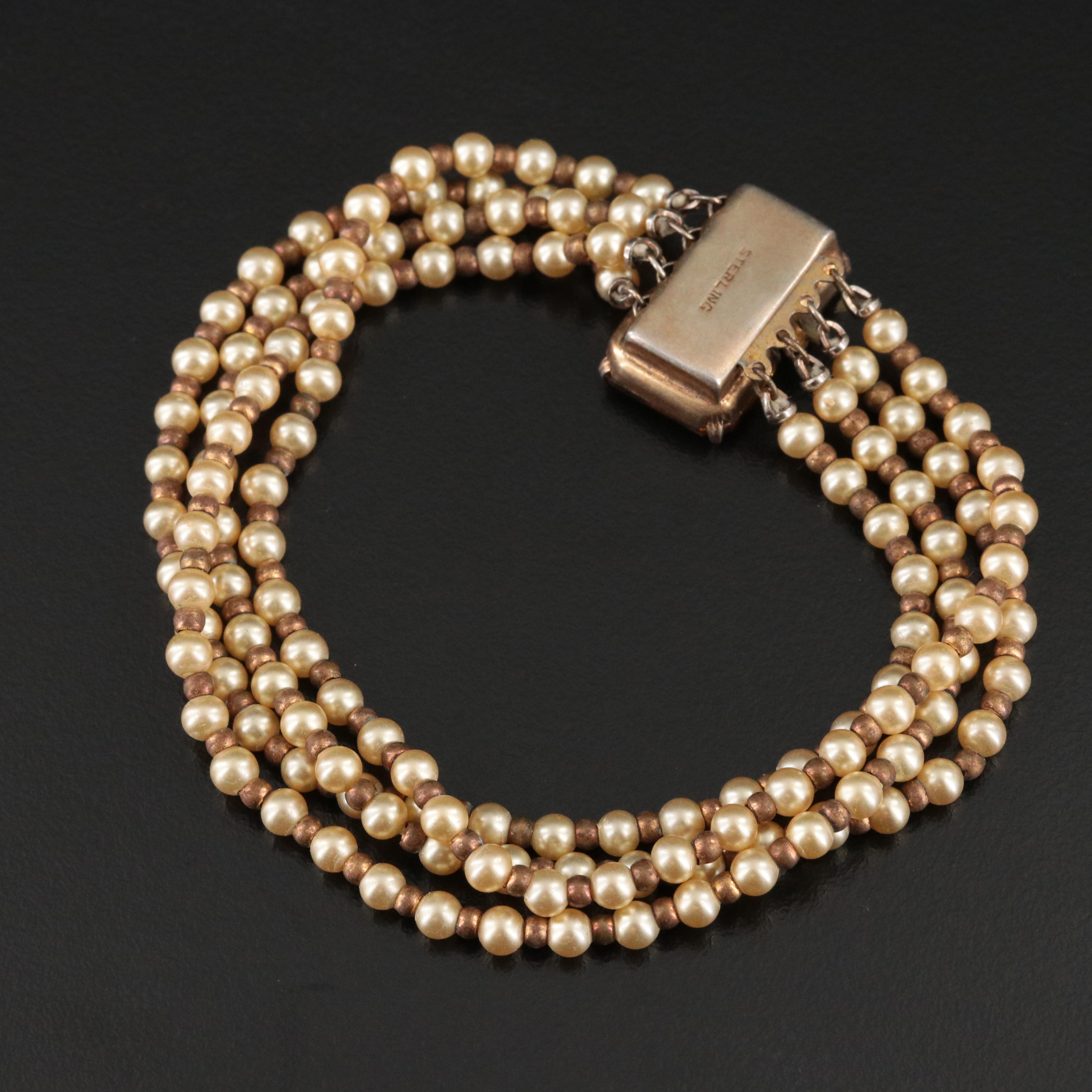 Vintage Multi-Strand Faux Pearl and Bracelet with Sterling Clasp, 1940s