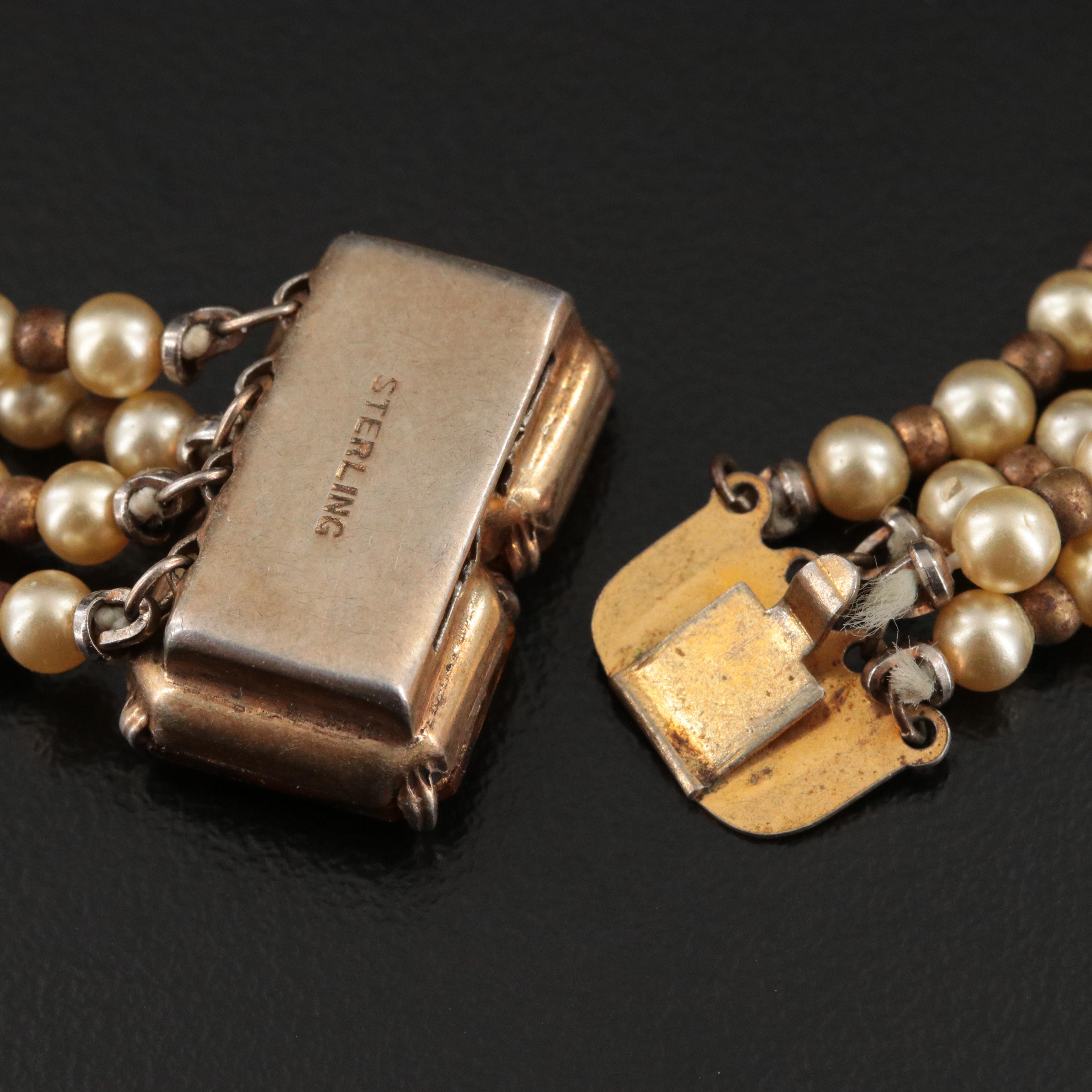 Vintage Multi-Strand Faux Pearl and Bracelet with Sterling Clasp, 1940s