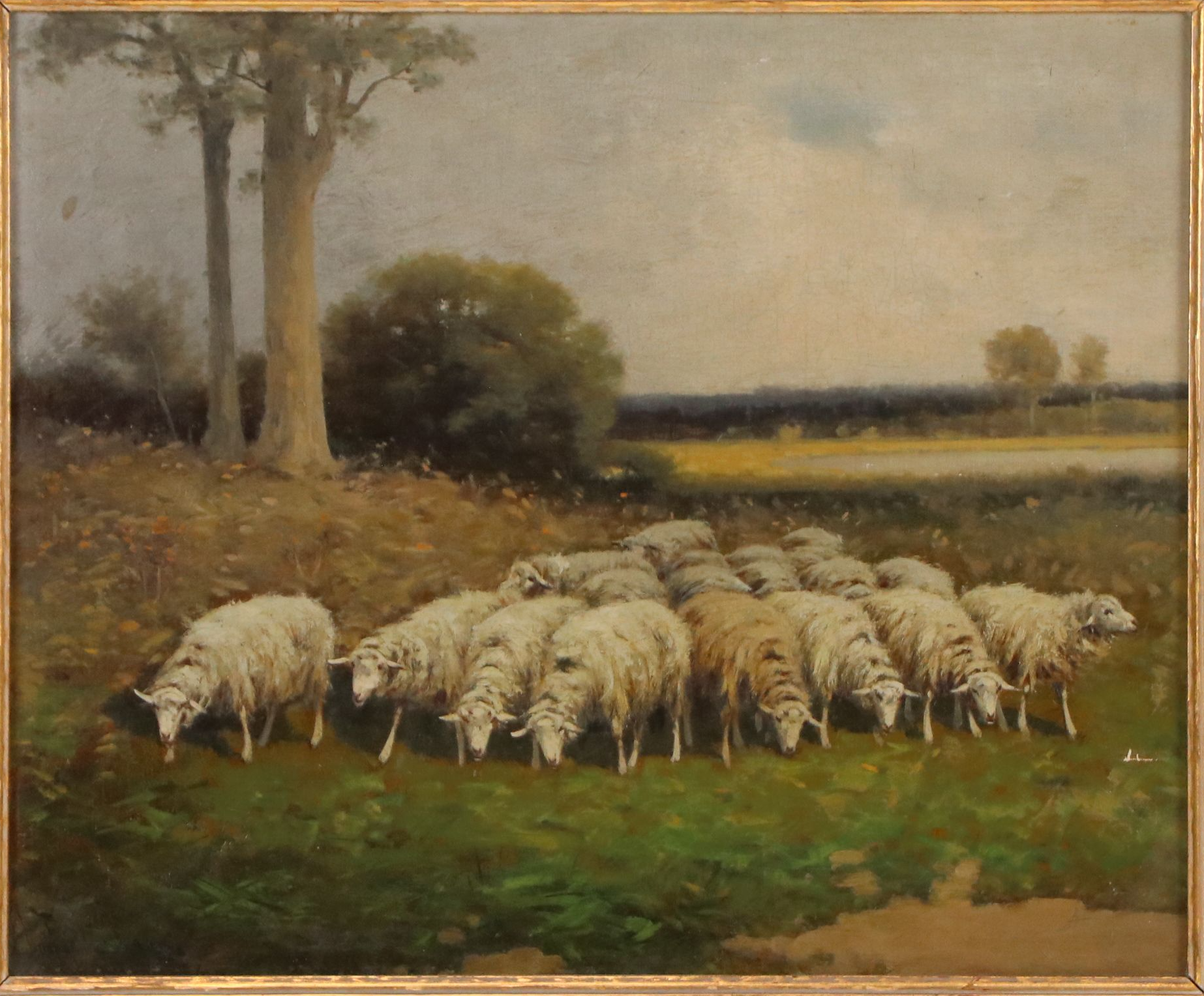 Charles T. Phelan Oil Painting of Grazing flock of Sheep; Late 19th Century