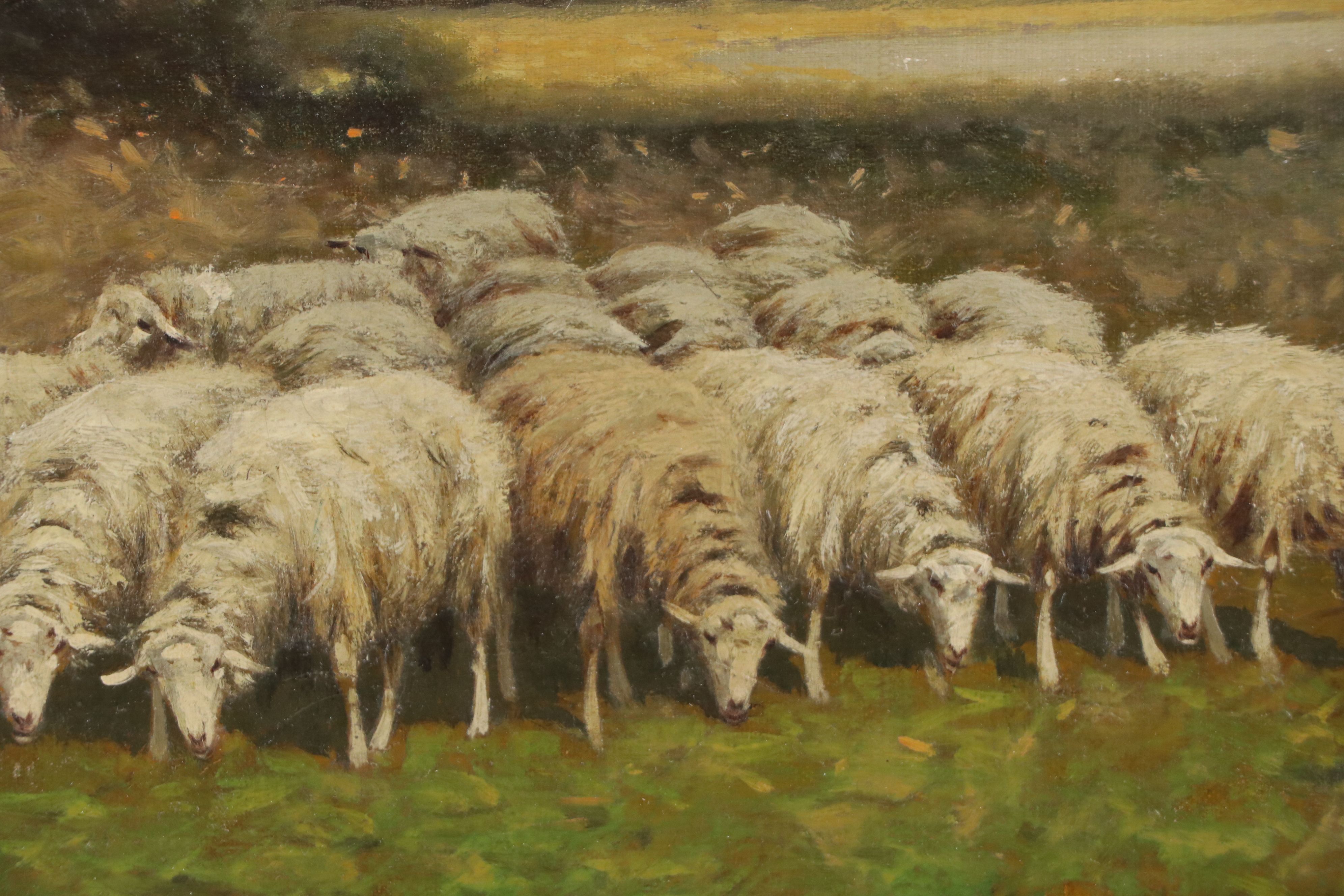 Charles T. Phelan Oil Painting of Grazing flock of Sheep; Late 19th Century