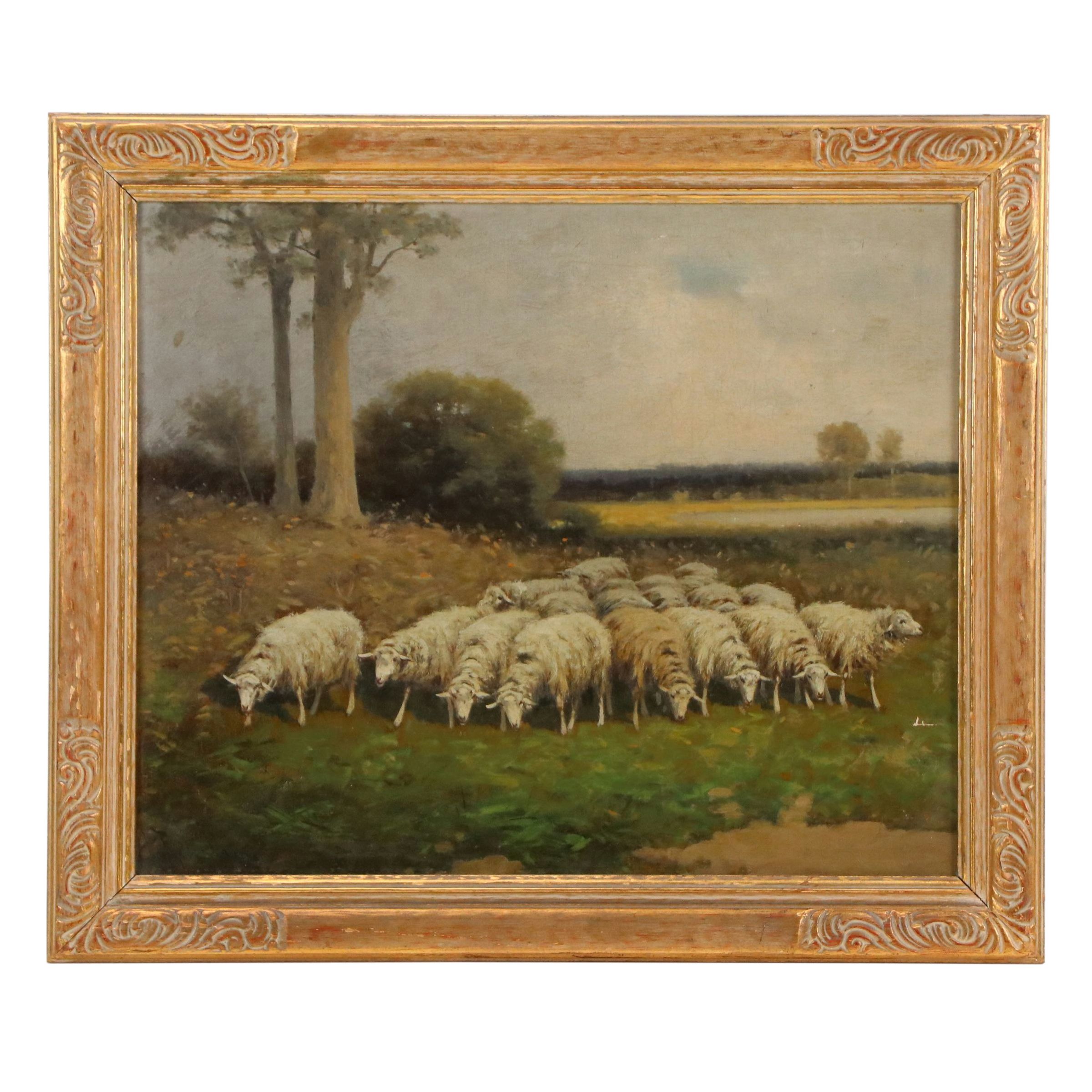 Charles T. Phelan Oil Painting of Grazing flock of Sheep; Late 19th Century