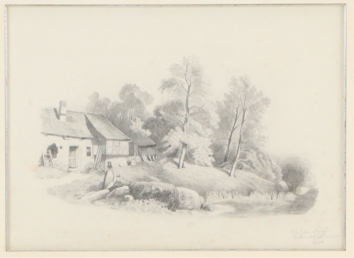 Graphite Drawing of Rustic Cottage by a Stream, 1844