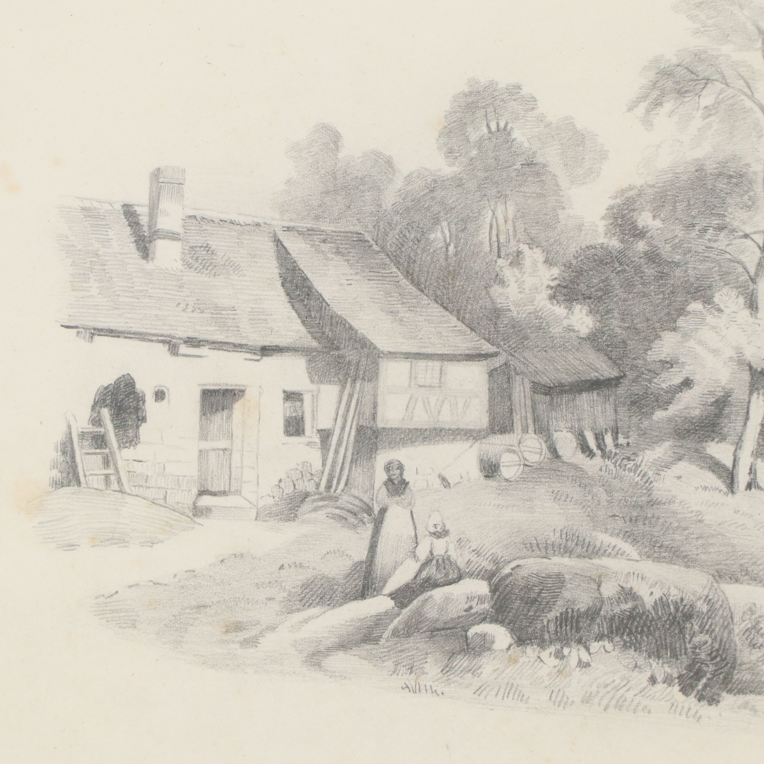 Graphite Drawing of Rustic Cottage by a Stream, 1844
