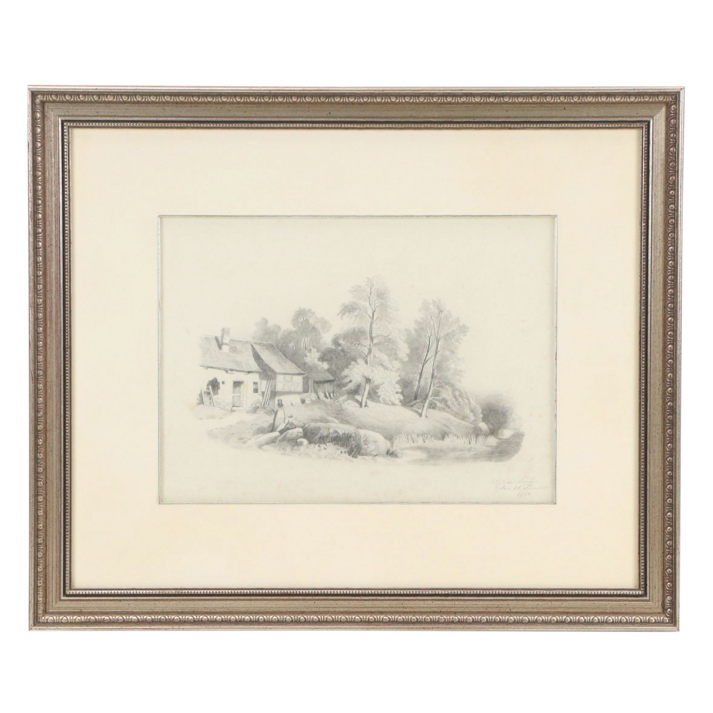 Graphite Drawing of Rustic Cottage by a Stream, 1844
