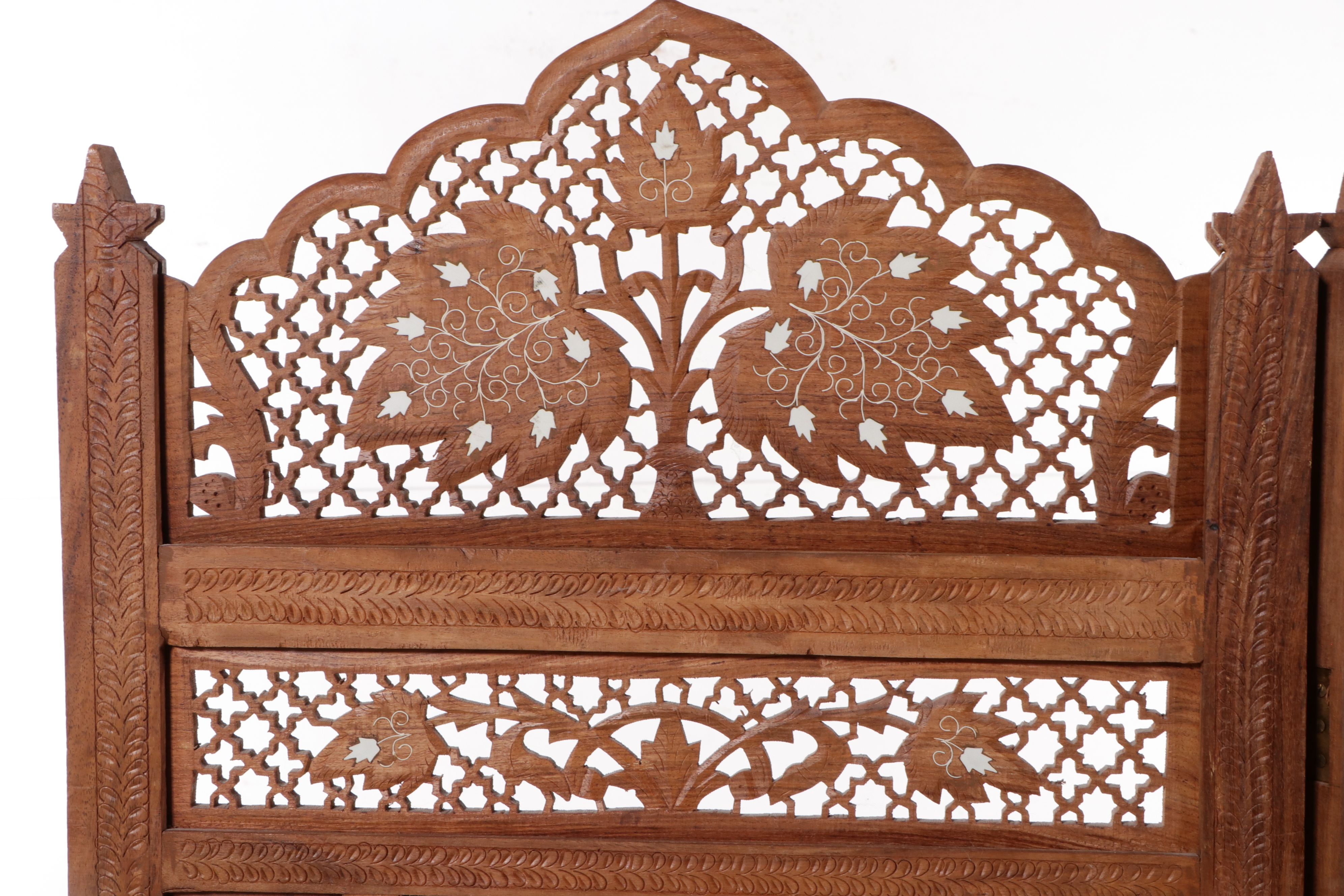 Indian Carved and Pierced Wood Room Divider with Mother-of-Pearl Inlay