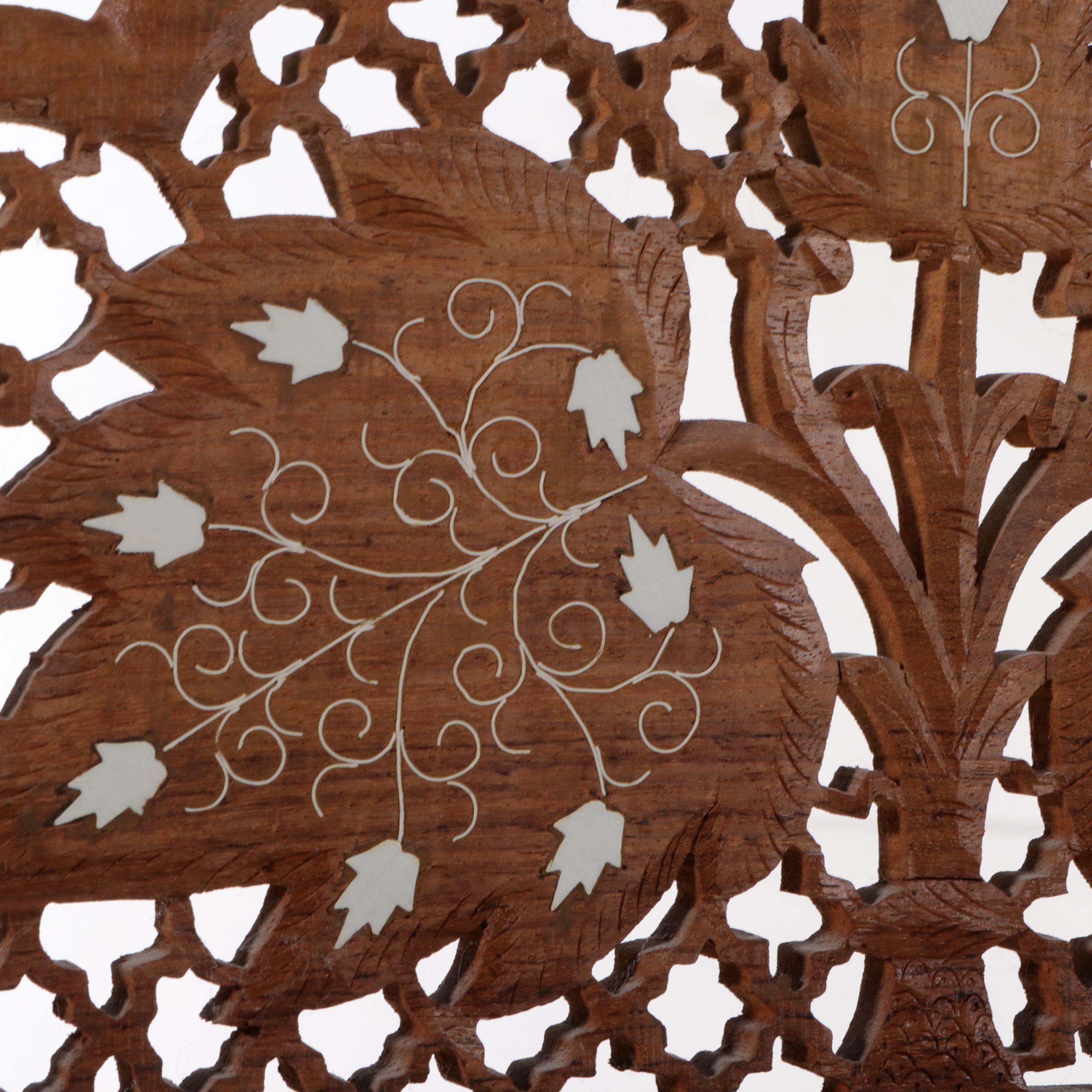 Indian Carved and Pierced Wood Room Divider with Mother-of-Pearl Inlay