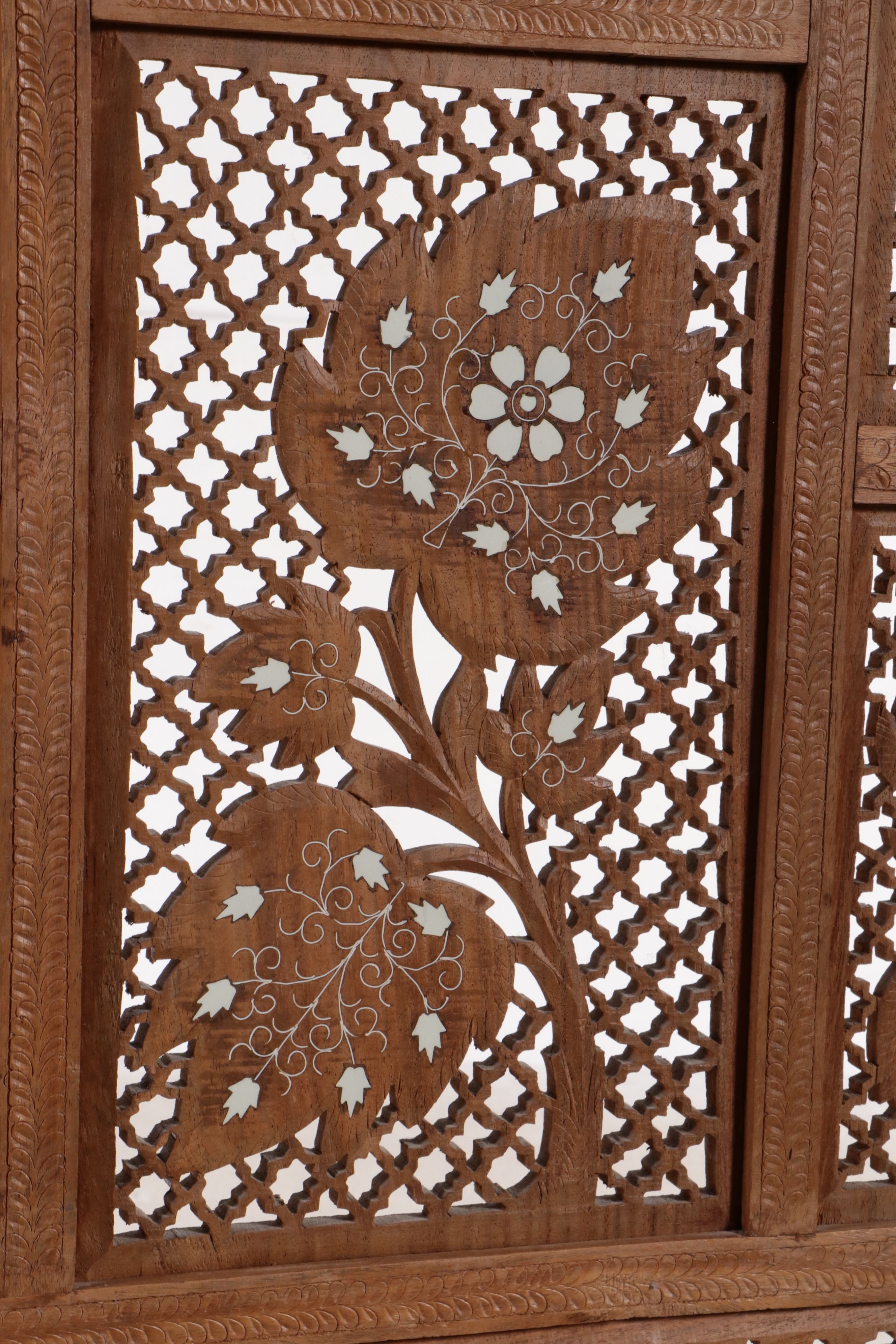Indian Carved and Pierced Wood Room Divider with Mother-of-Pearl Inlay