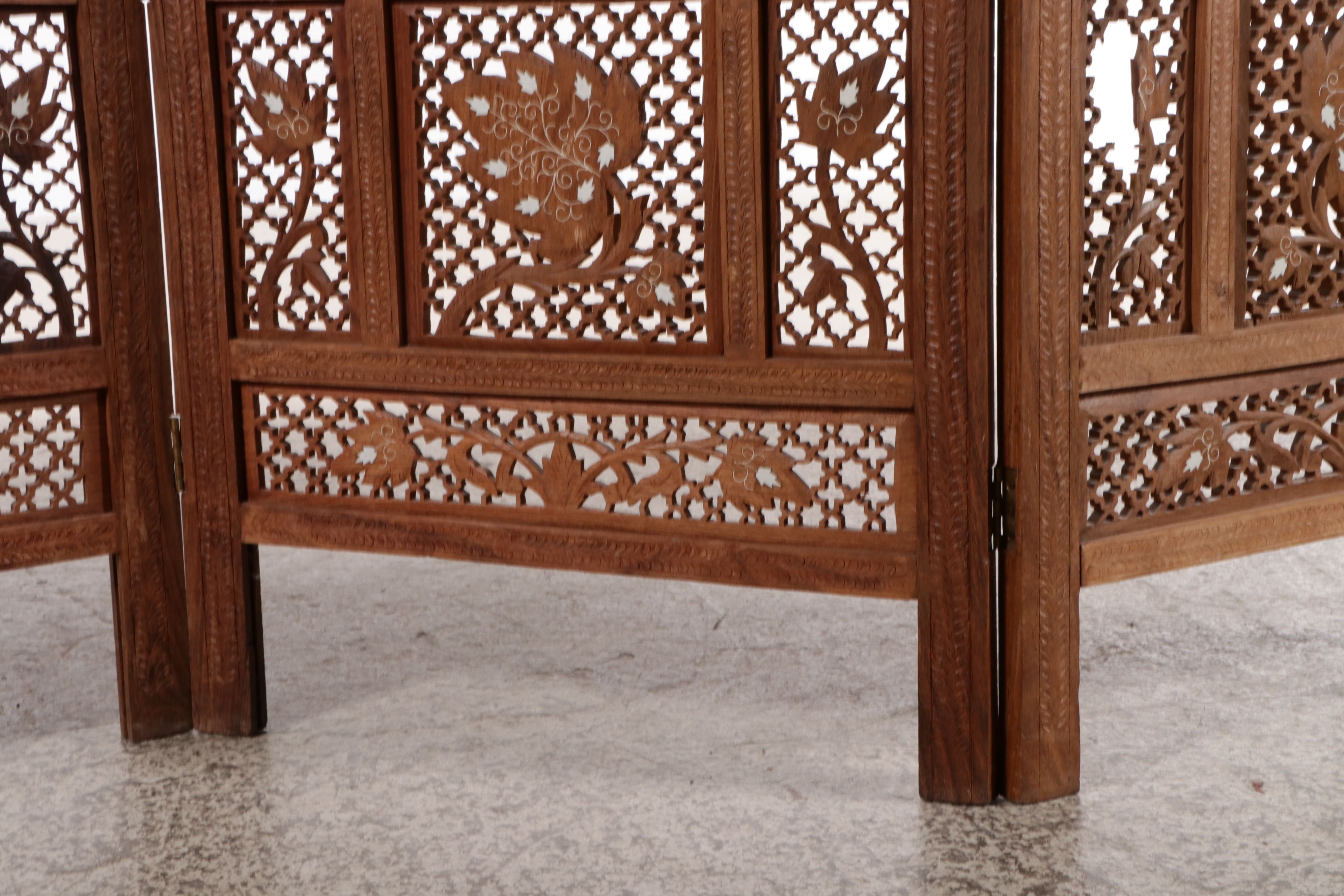 Indian Carved and Pierced Wood Room Divider with Mother-of-Pearl Inlay