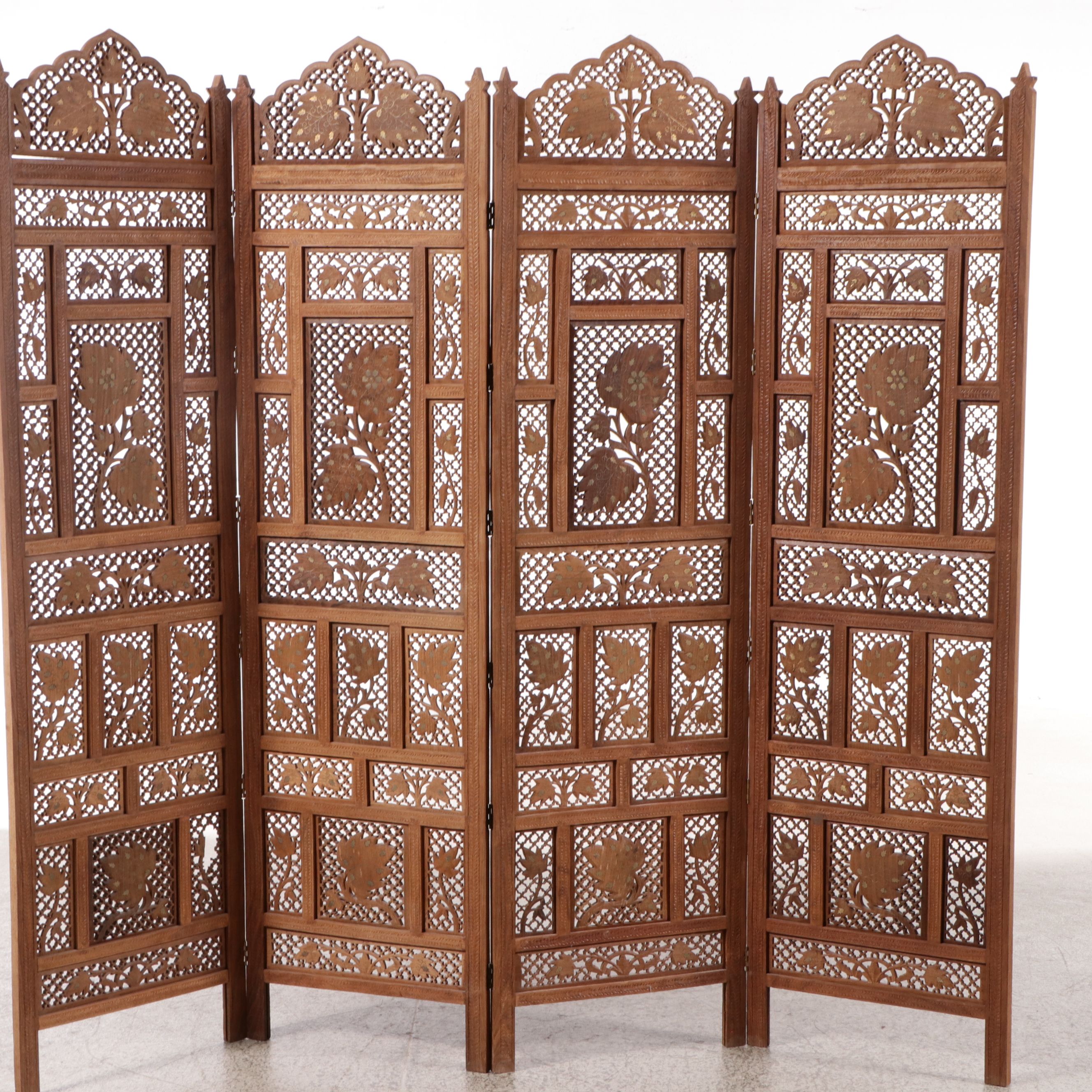 Indian Carved and Pierced Wood Room Divider with Mother-of-Pearl Inlay