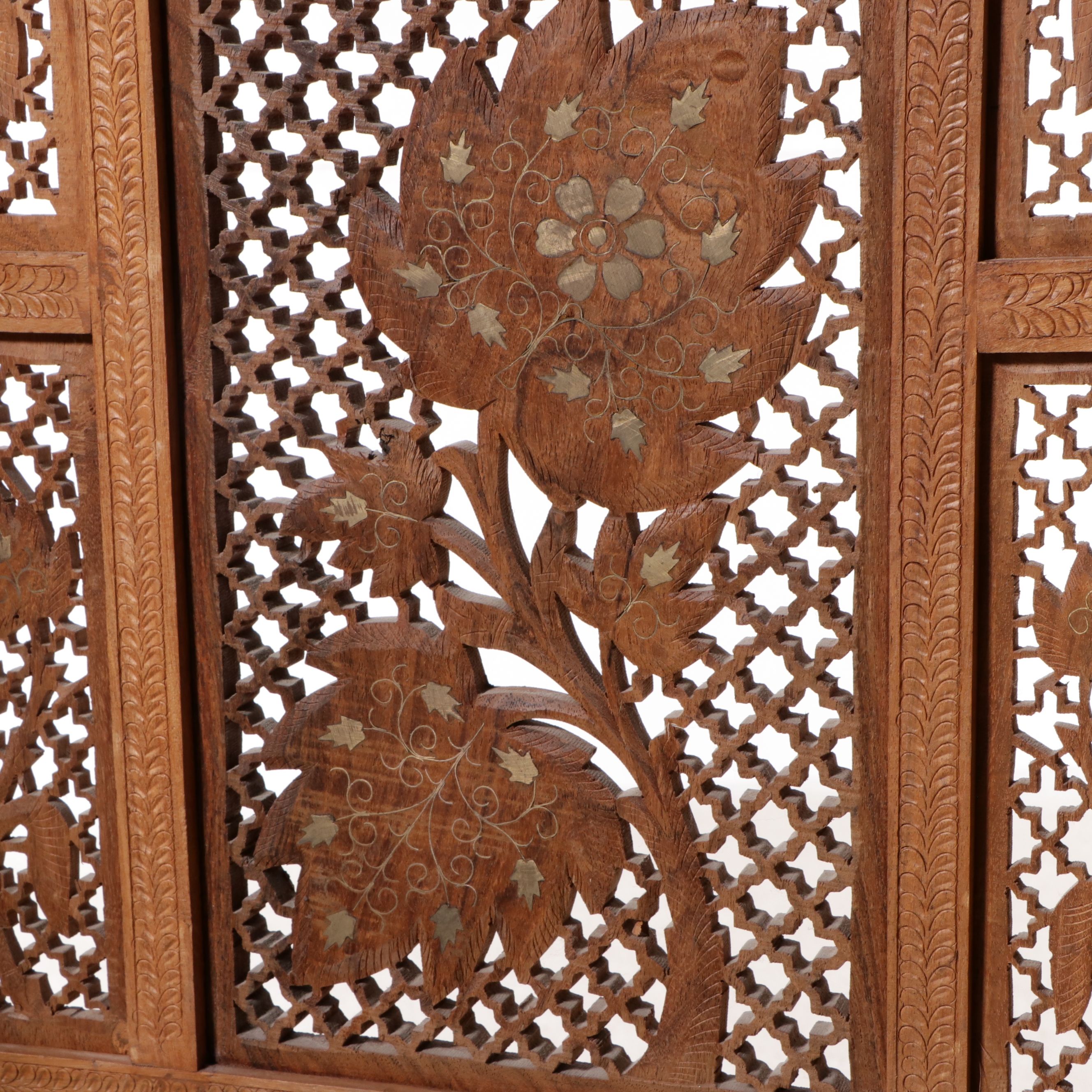 Indian Carved and Pierced Wood Room Divider with Mother-of-Pearl Inlay