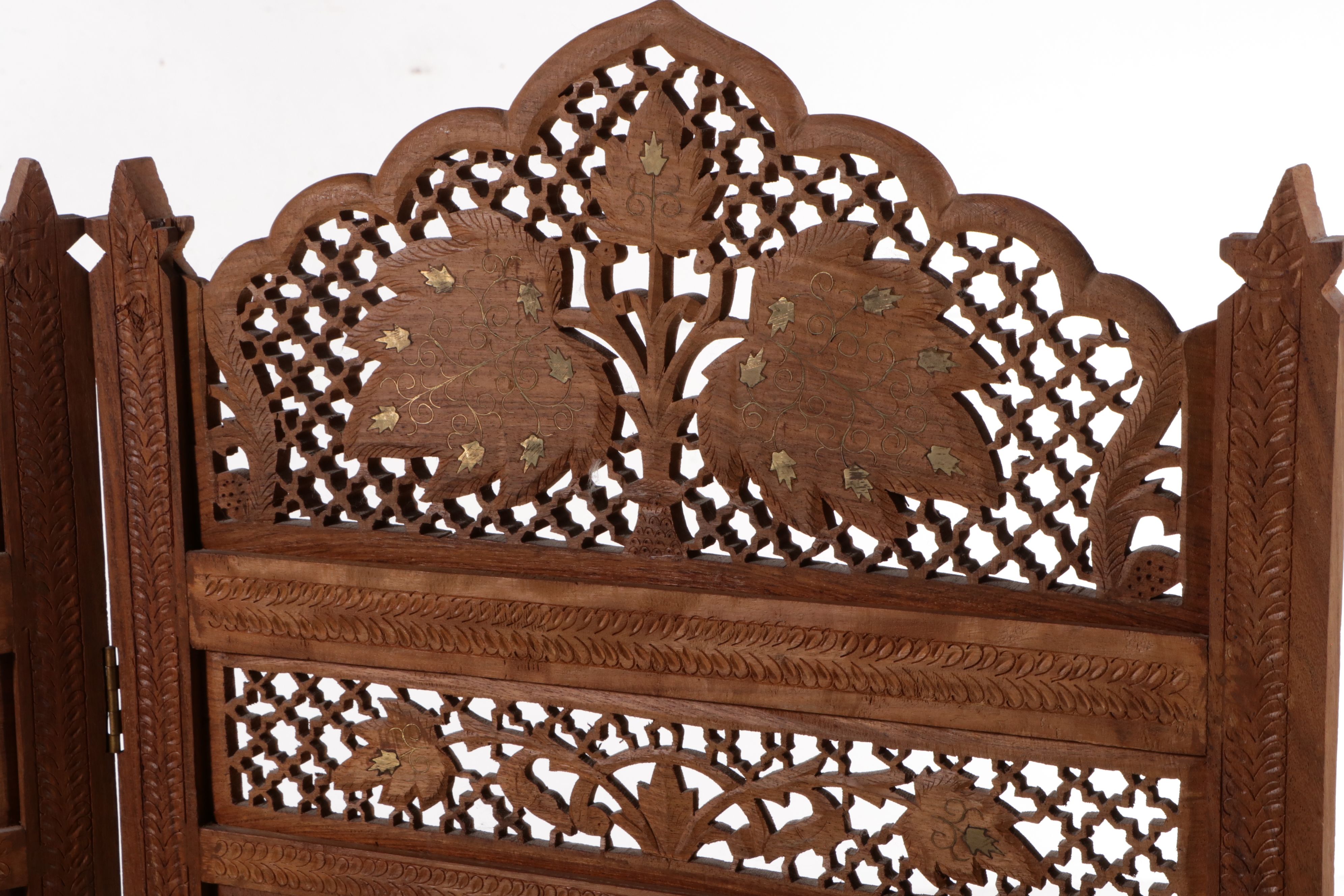 Indian Carved and Pierced Wood Room Divider with Mother-of-Pearl Inlay