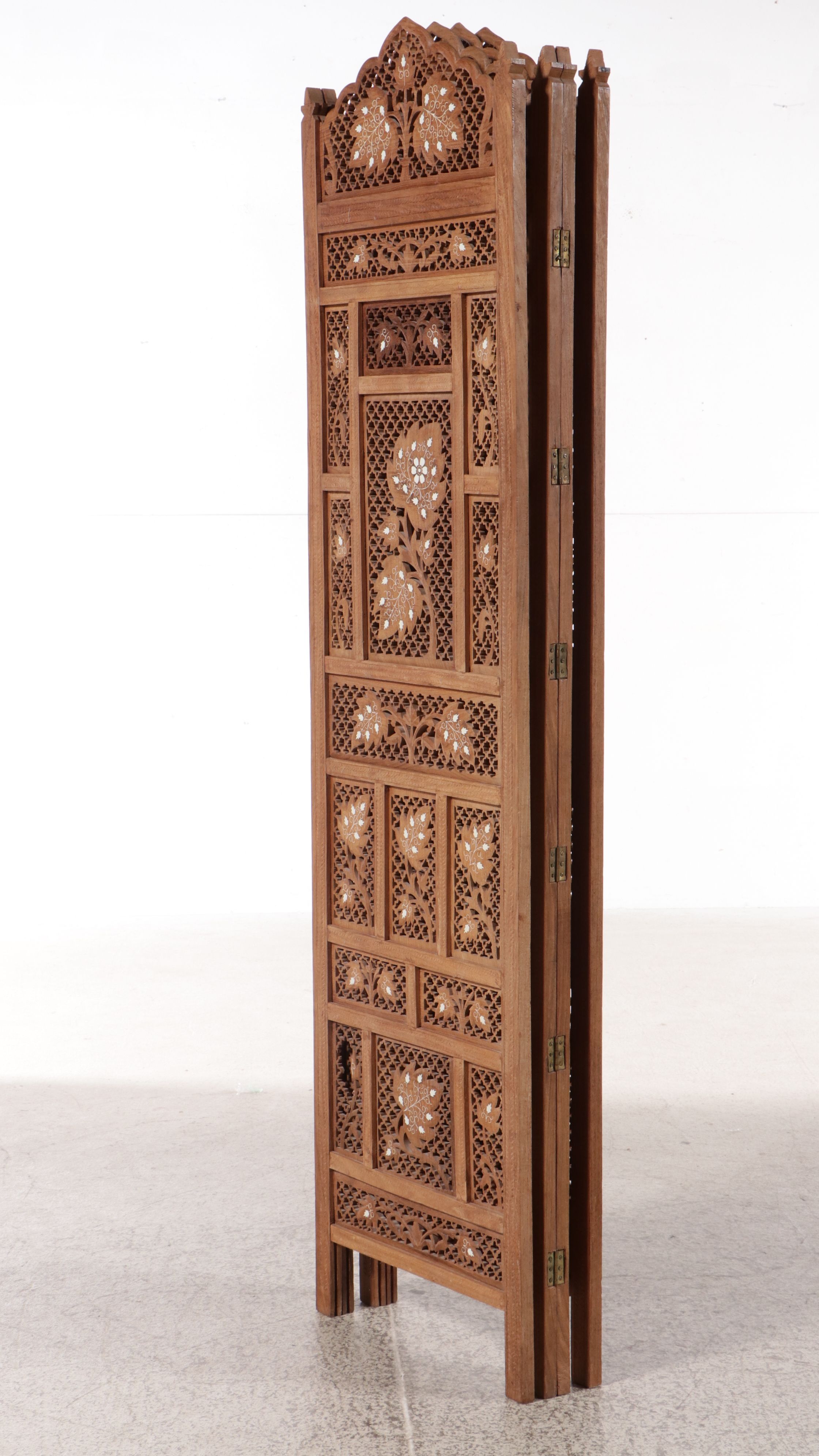 Indian Carved and Pierced Wood Room Divider with Mother-of-Pearl Inlay