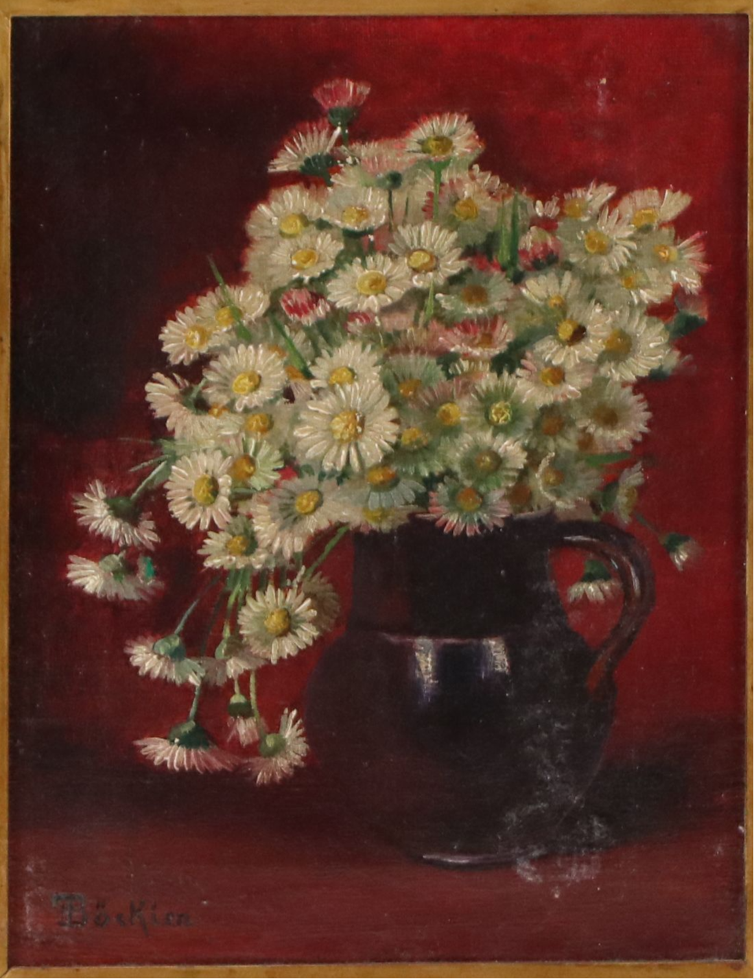 Oil Painting of Daisies in Stoneware Pitcher, Early/Mid-20th Century