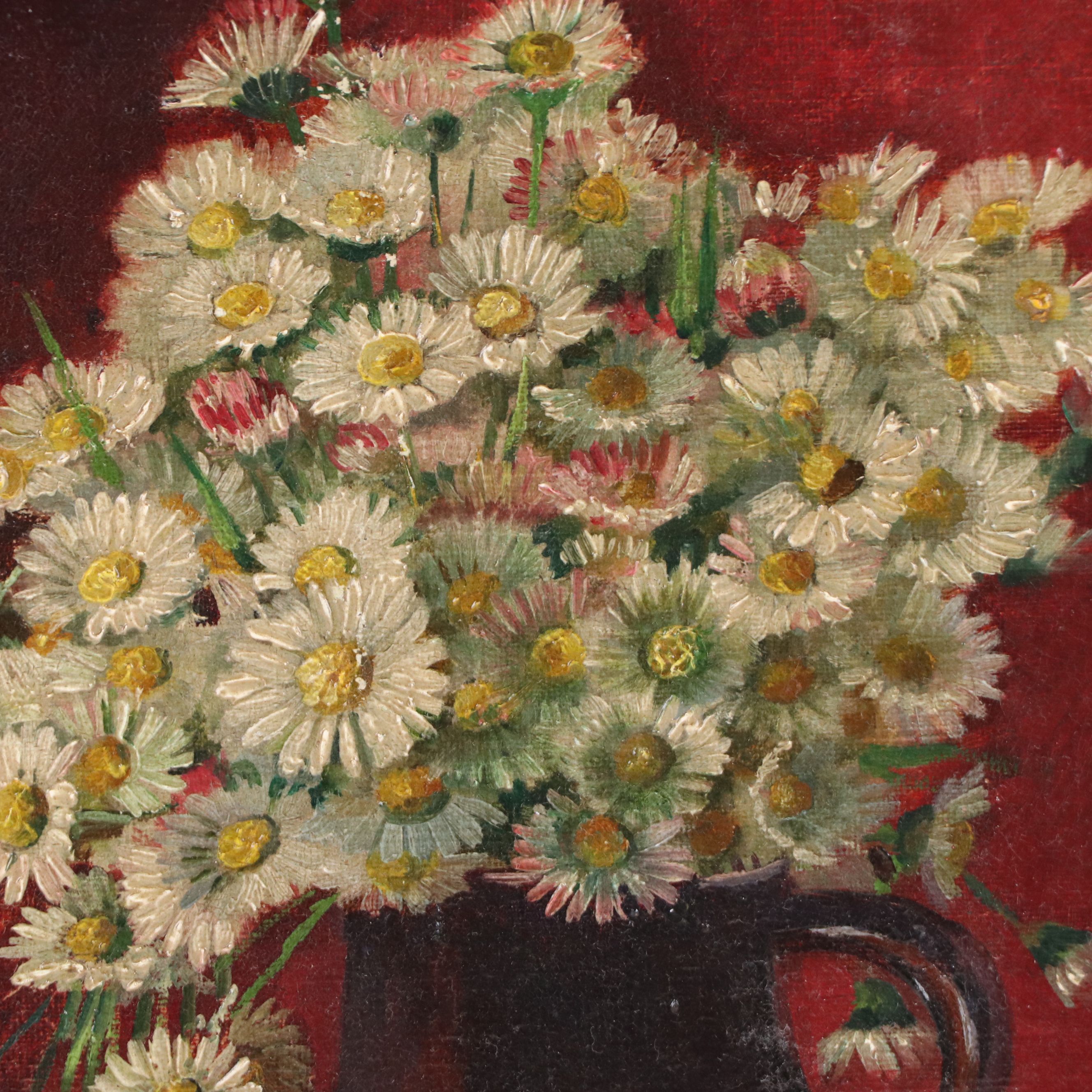 Oil Painting of Daisies in Stoneware Pitcher, Early/Mid-20th Century