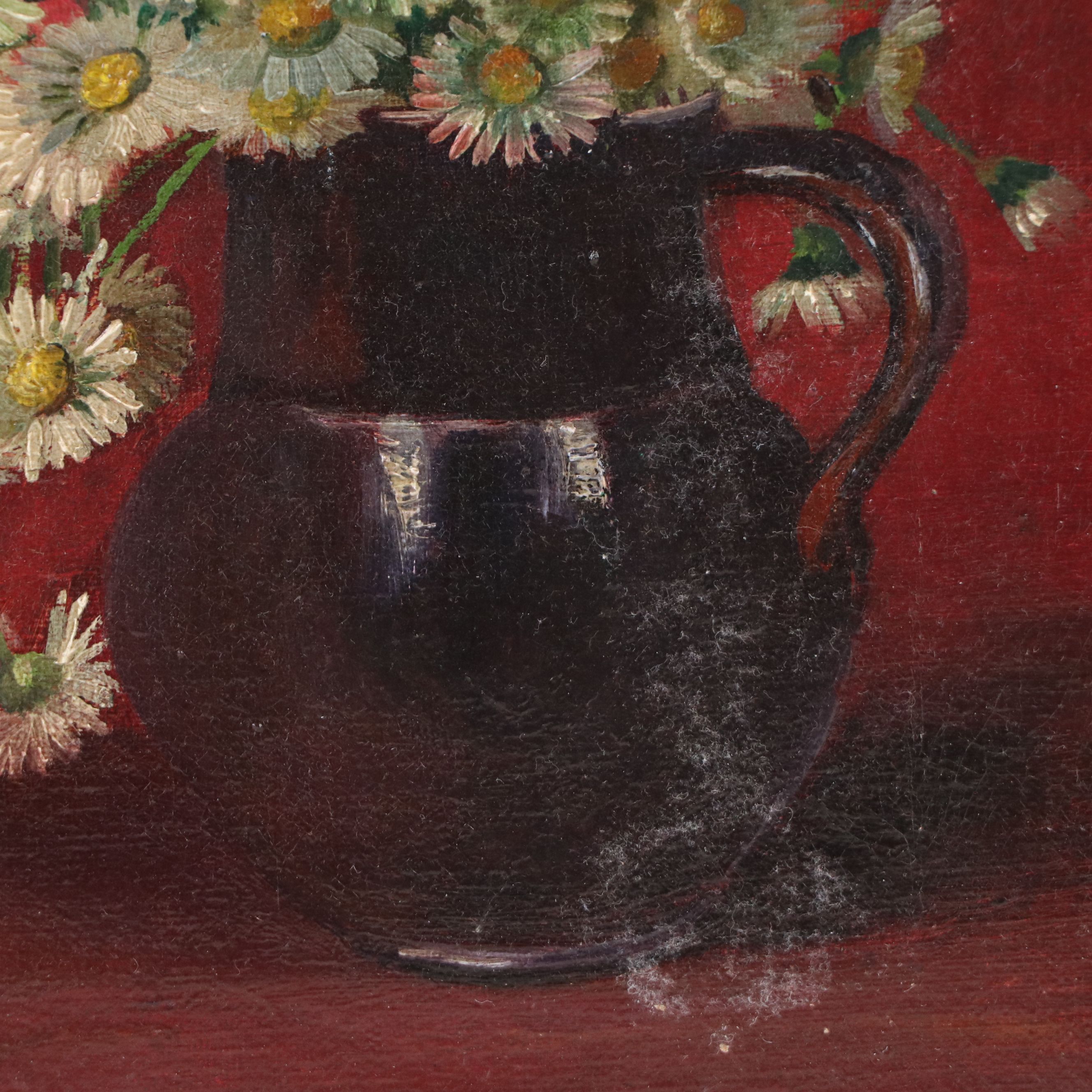 Oil Painting of Daisies in Stoneware Pitcher, Early/Mid-20th Century