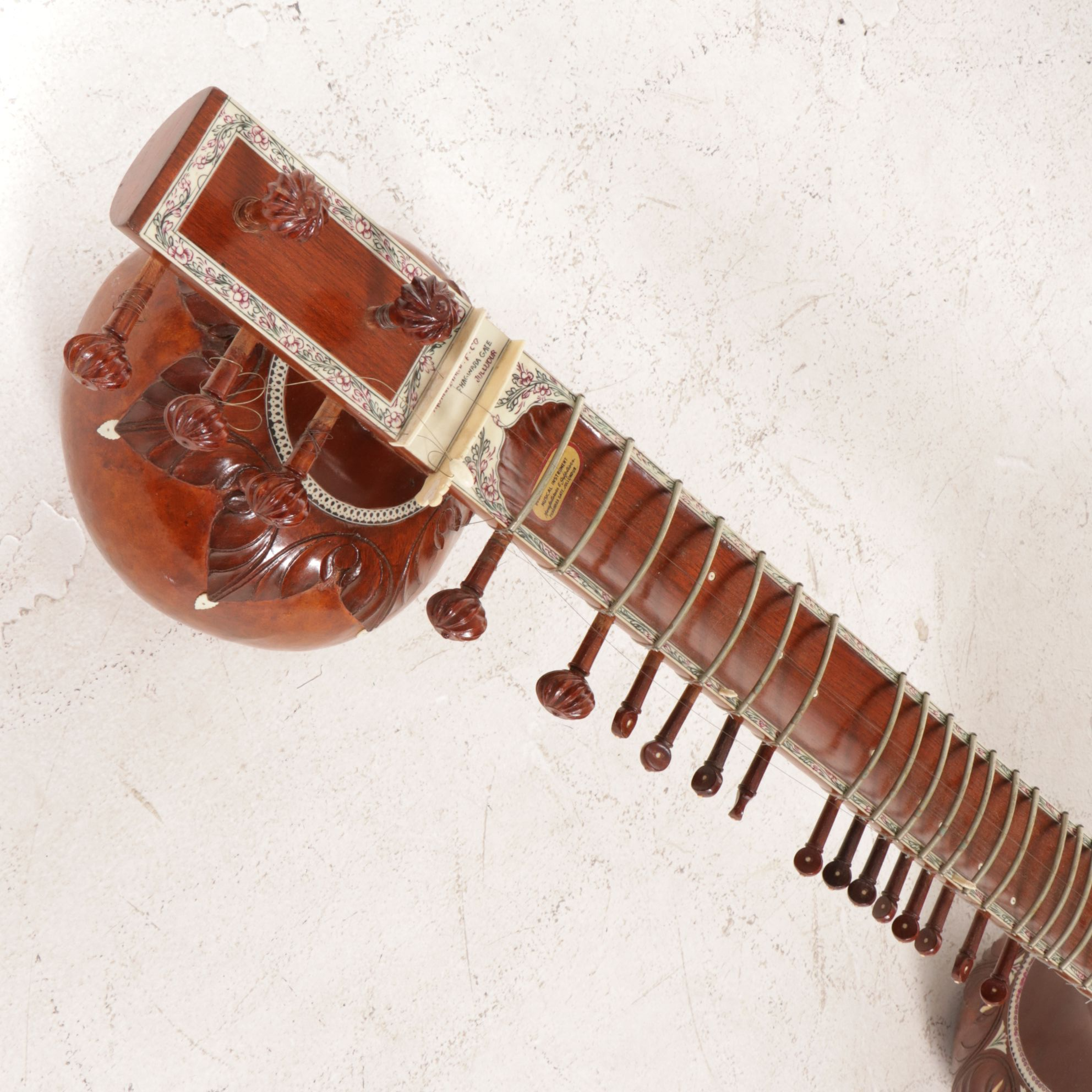 Mohan Singh & Co. Sitar with Bone Inlay and Rose Carving with Case, Circa 1950