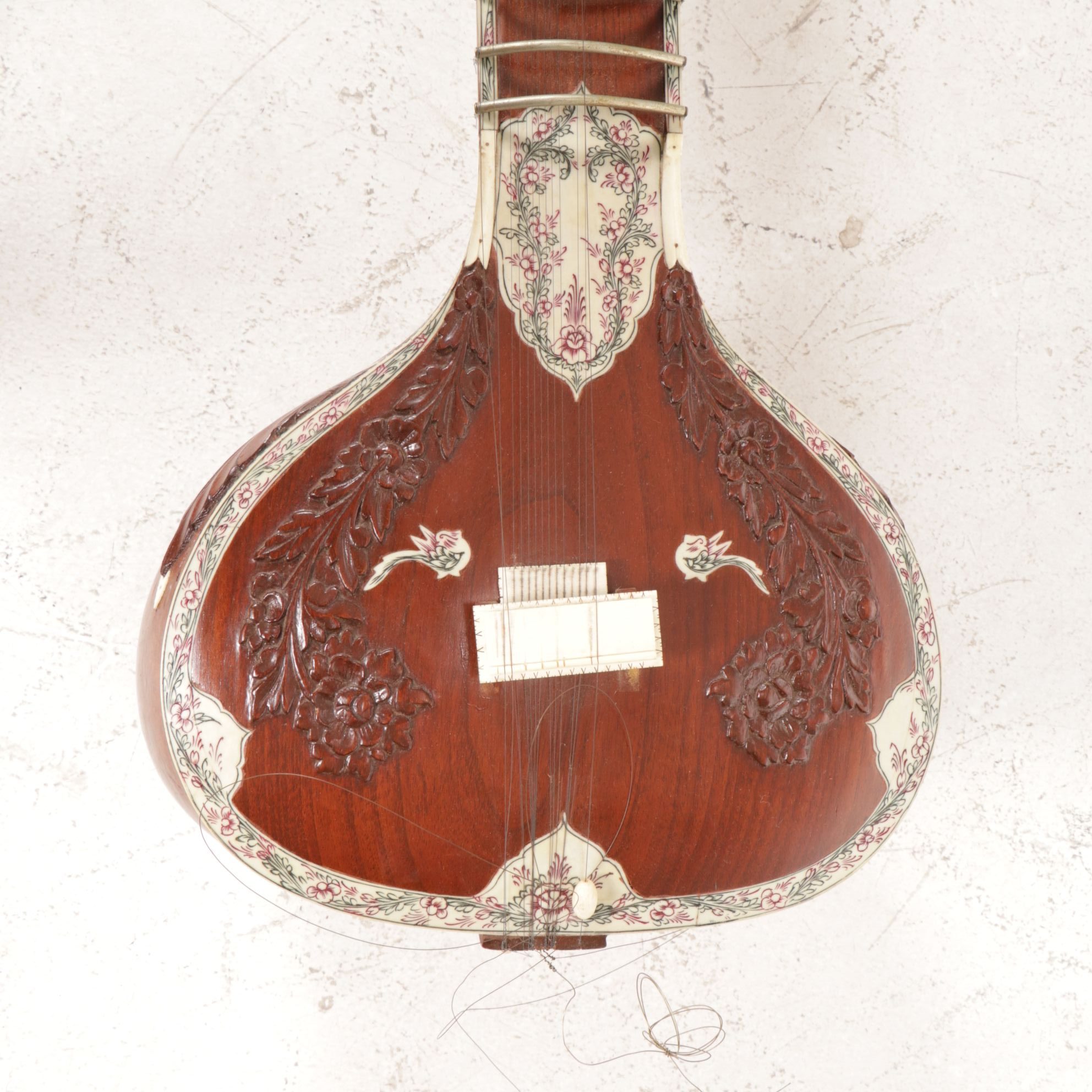 Mohan Singh & Co. Sitar with Bone Inlay and Rose Carving with Case, Circa 1950