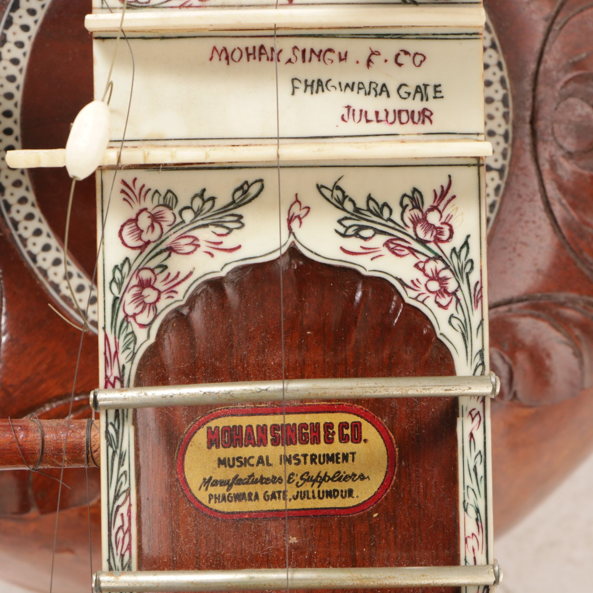 Mohan Singh & Co. Sitar with Bone Inlay and Rose Carving with Case, Circa 1950