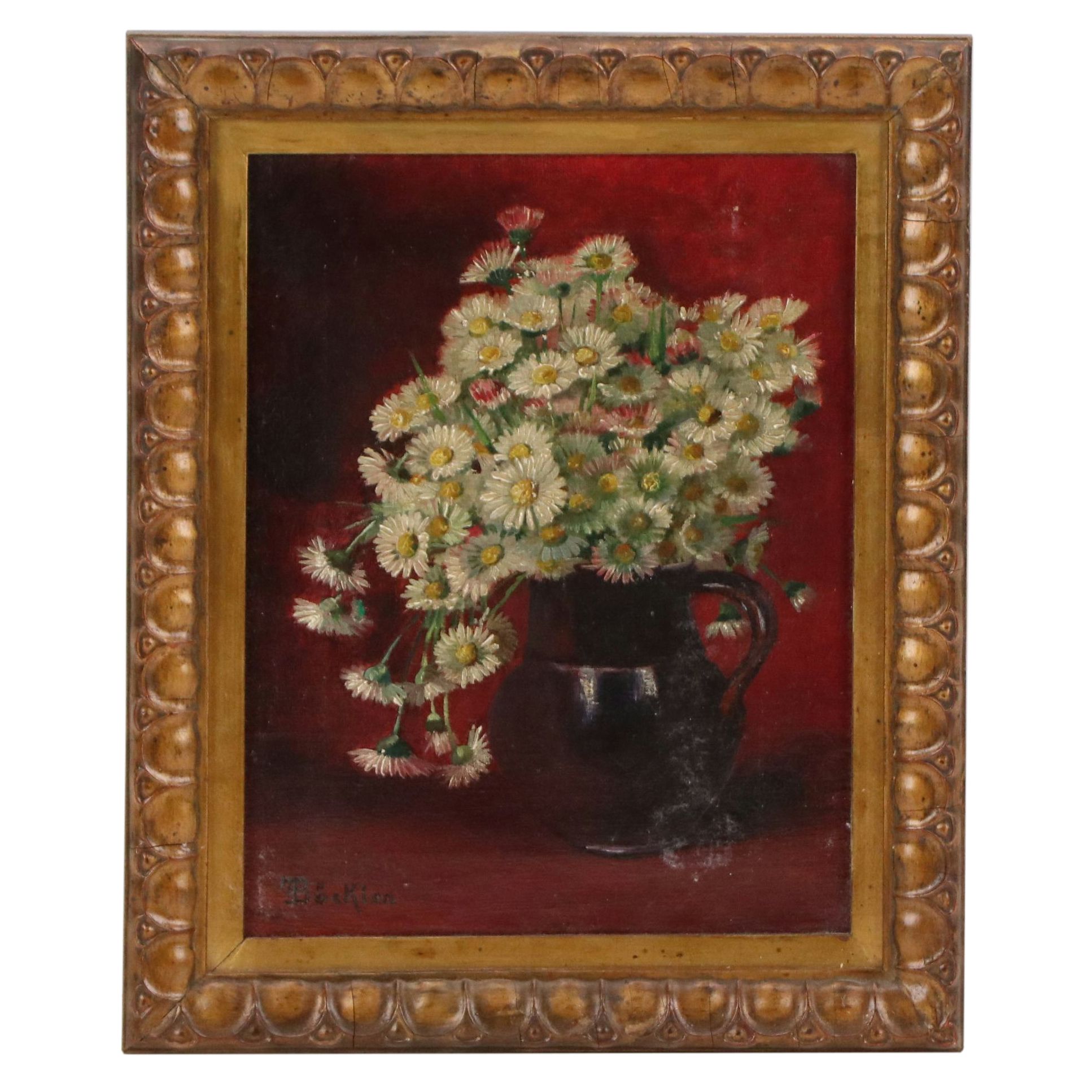 Oil Painting of Daisies in Stoneware Pitcher, Early/Mid-20th Century