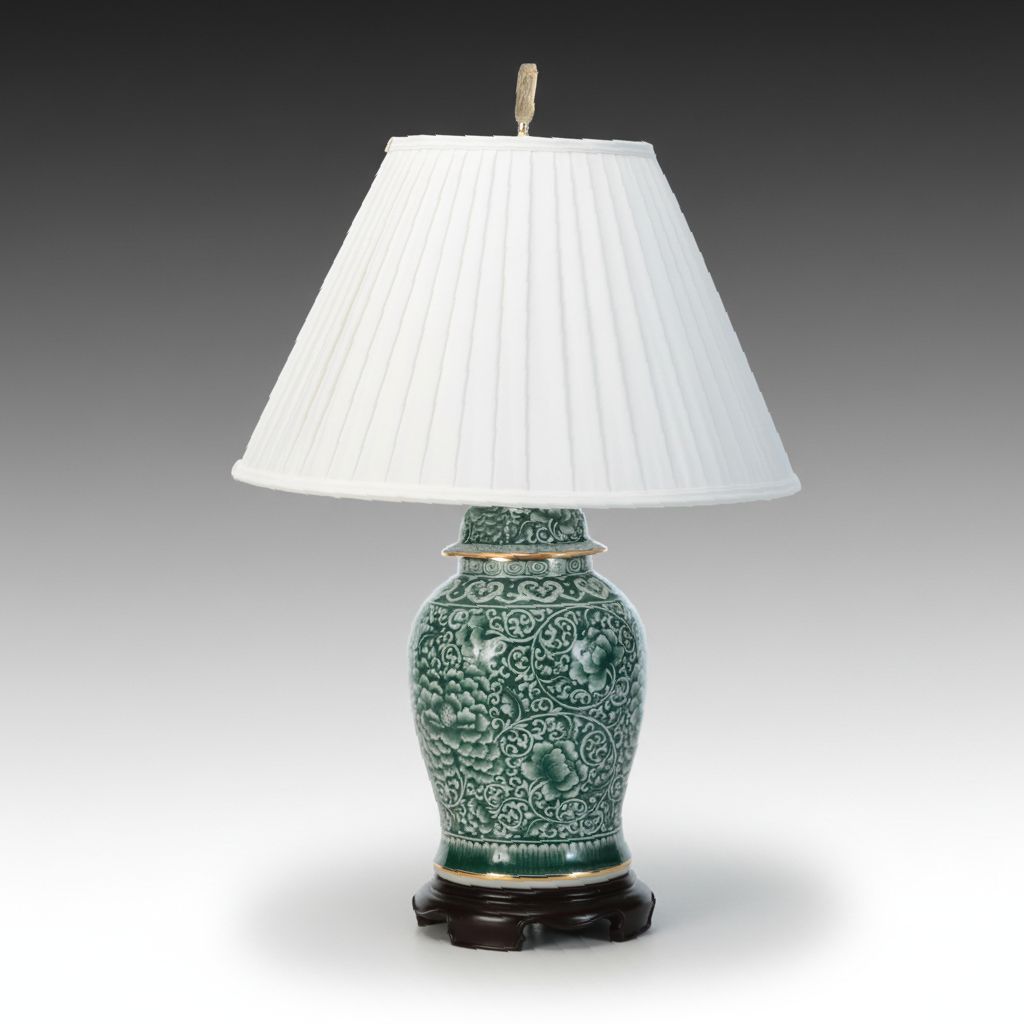 Chinese Green and White Porcelain Ginger Jar Table Lamp With Pleated Shade