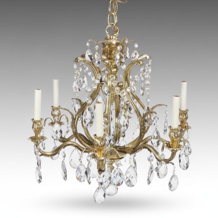Baroque Style Six-Arm Gilt Finish Crystal Chandelier