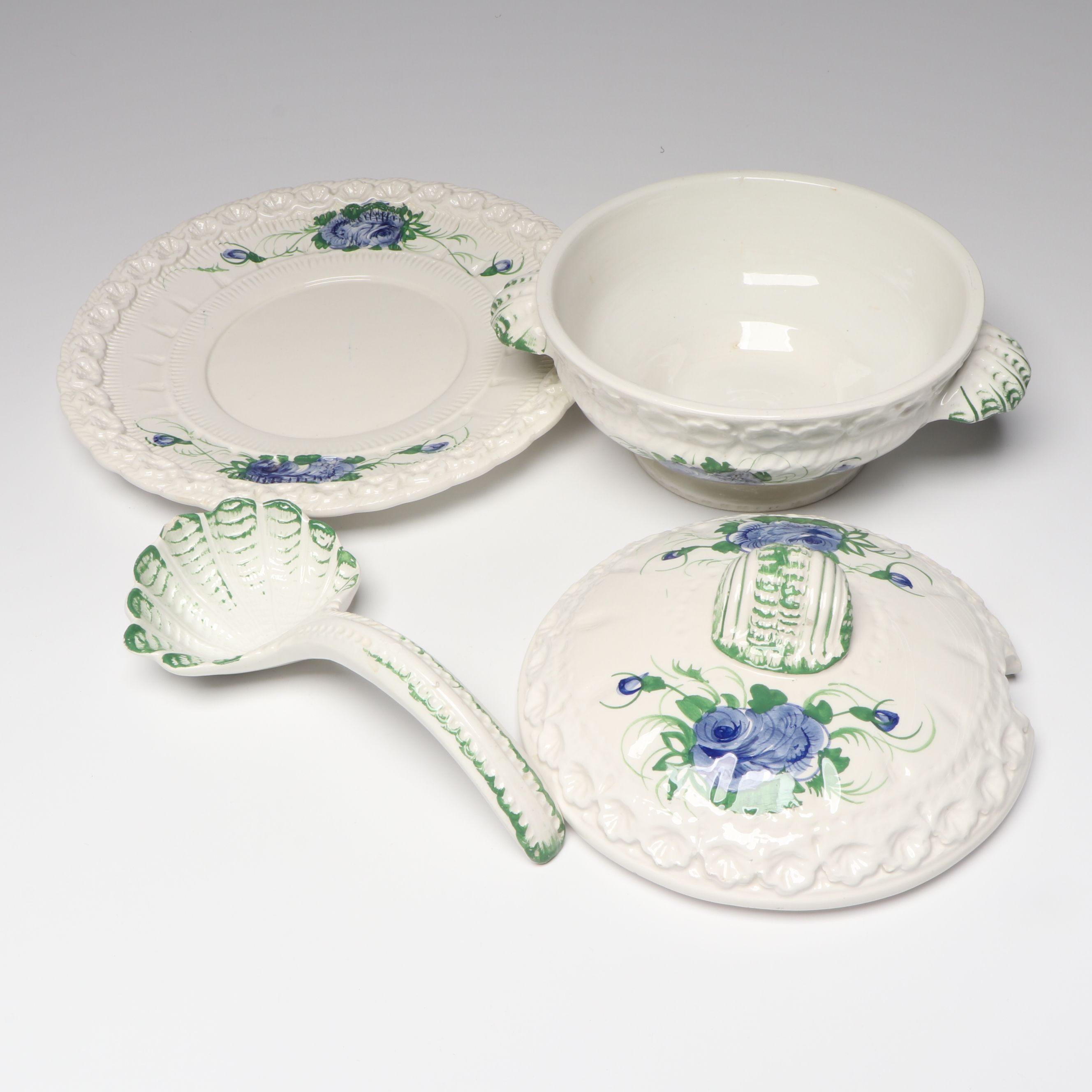Italian Blue Rose Ceramic Tureen and Underplate with Ladle