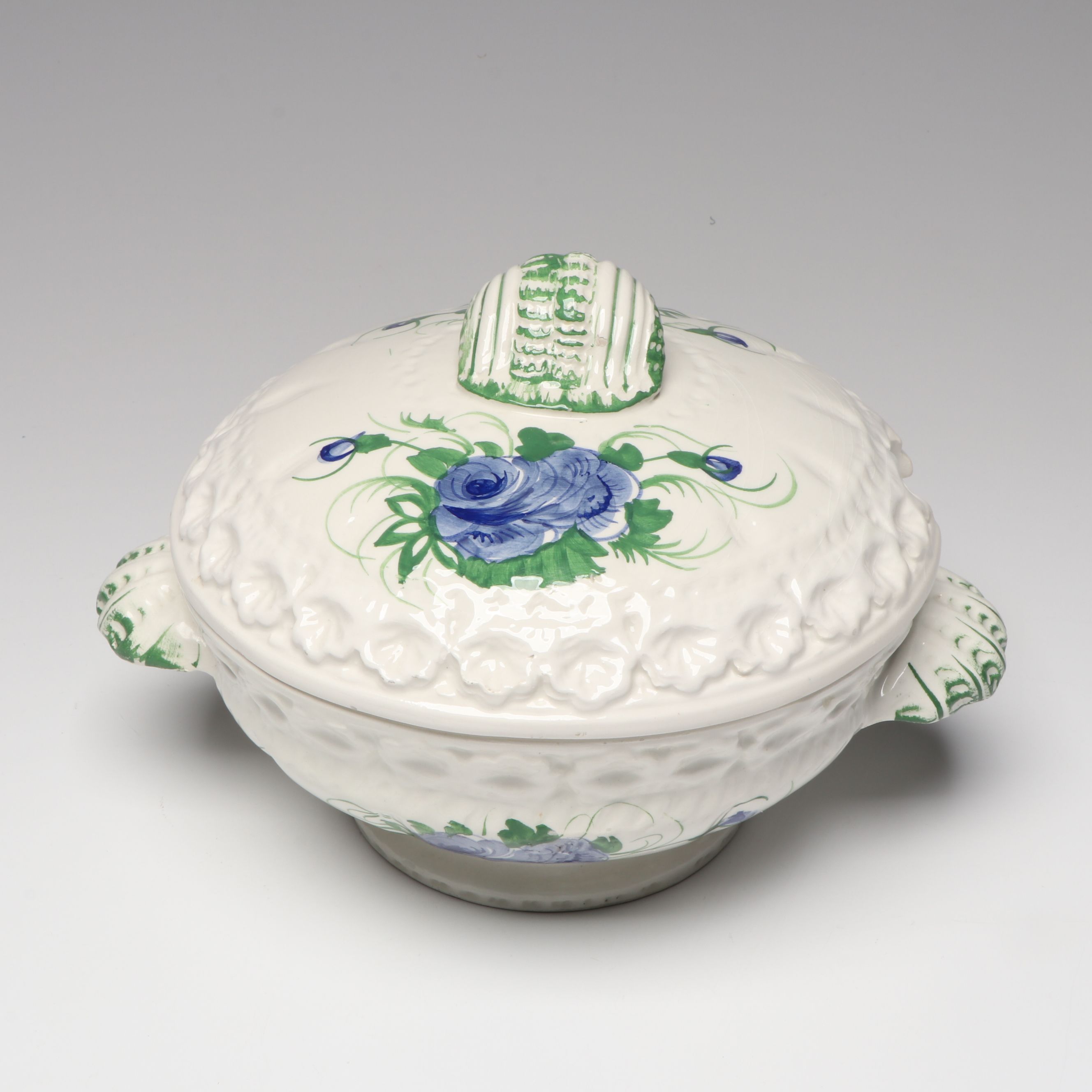 Italian Blue Rose Ceramic Tureen and Underplate with Ladle