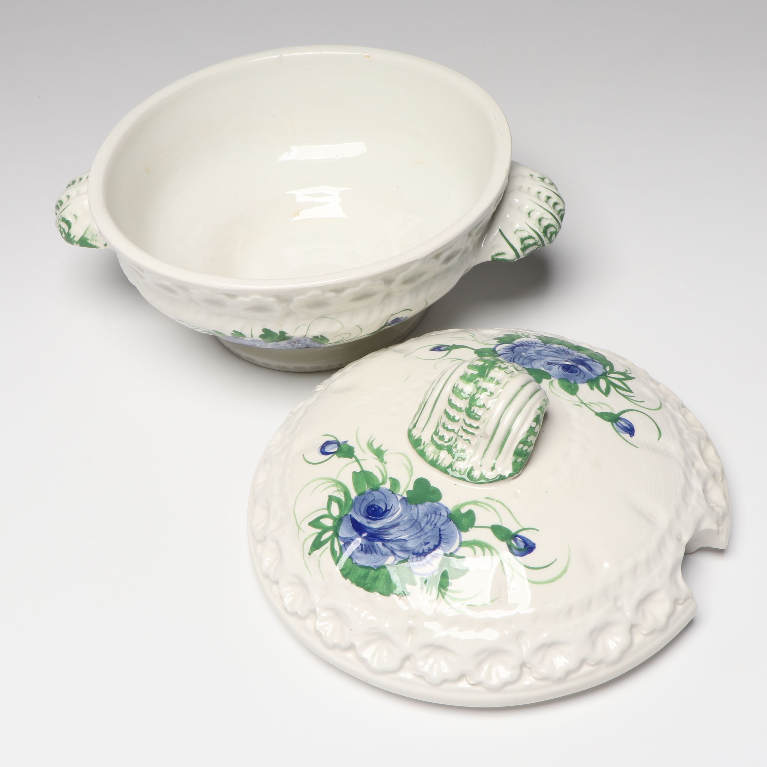 Italian Blue Rose Ceramic Tureen and Underplate with Ladle