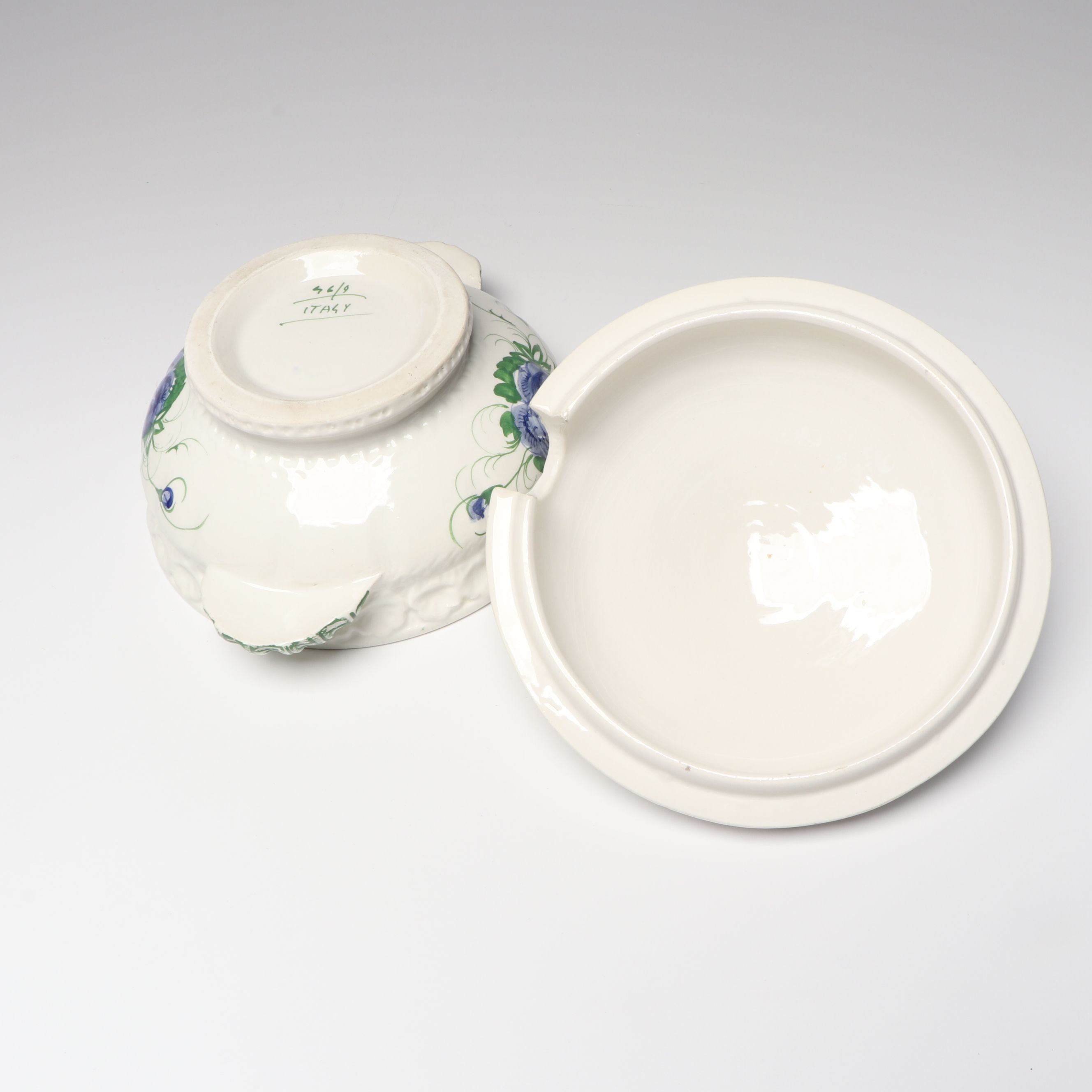 Italian Blue Rose Ceramic Tureen and Underplate with Ladle