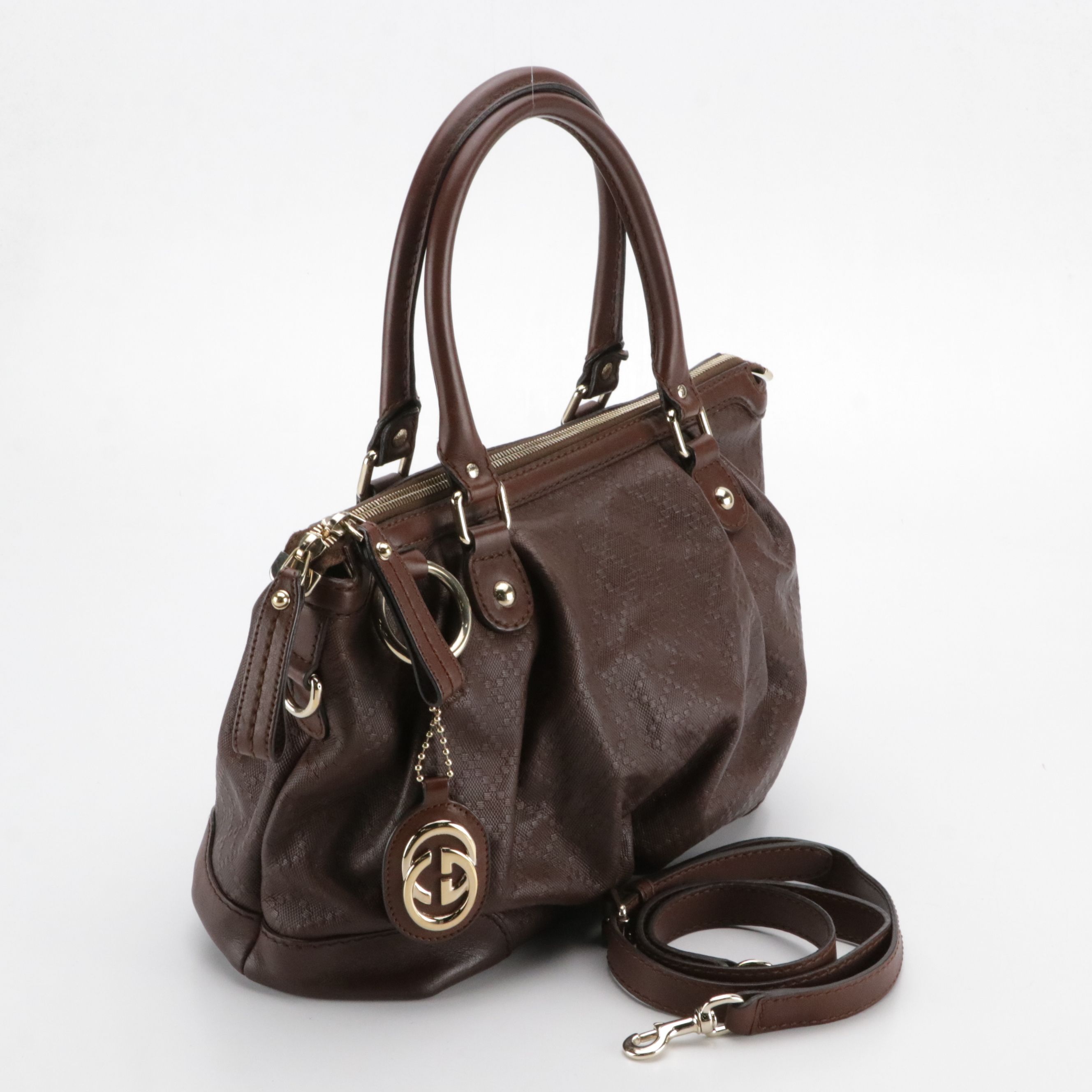 Gucci Sukey Top Handle Two-Way Shoulder Bag in Dark Brown Diamante Leather