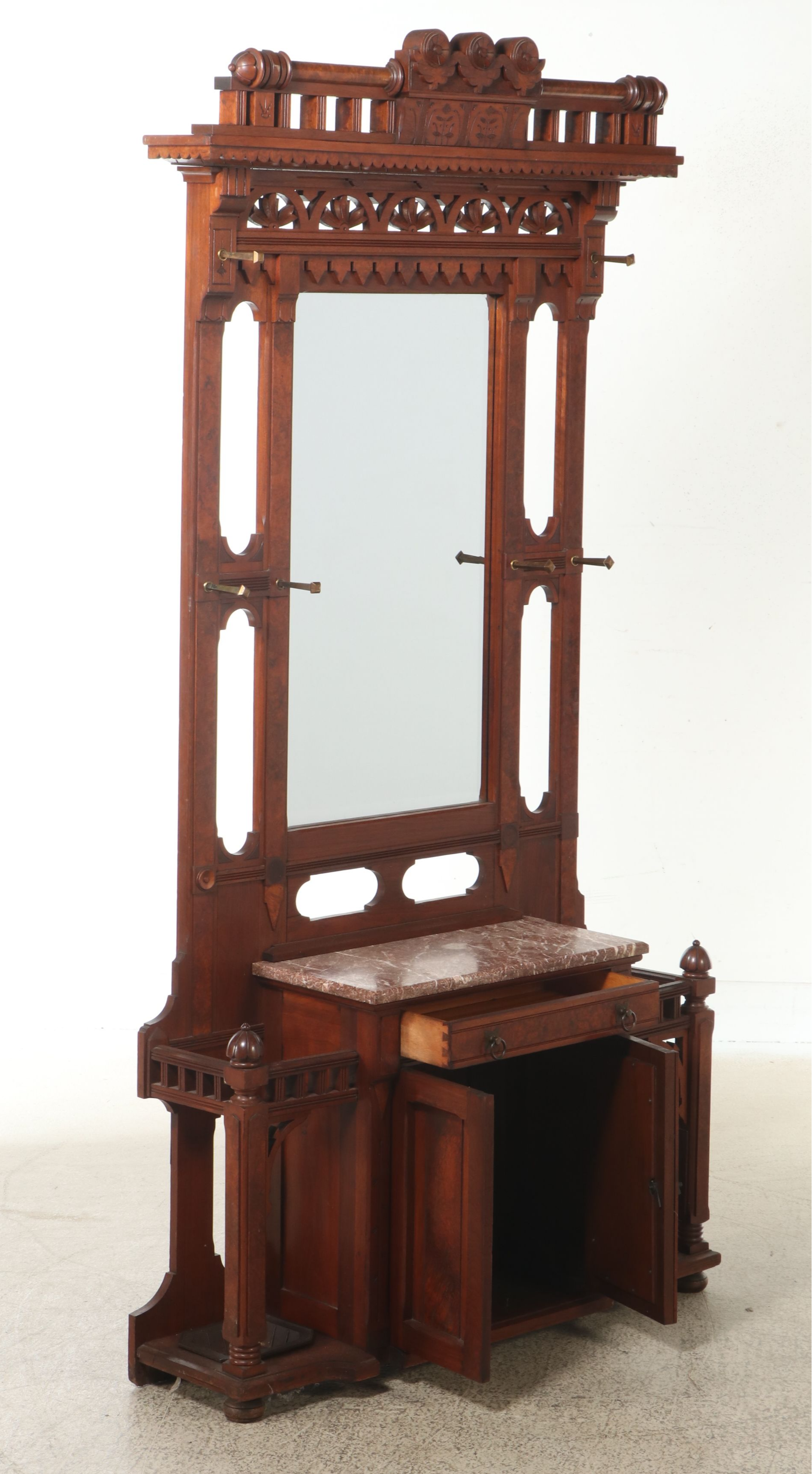 Victorian Eastlake Style Carved Walnut and Burl Hall Tree